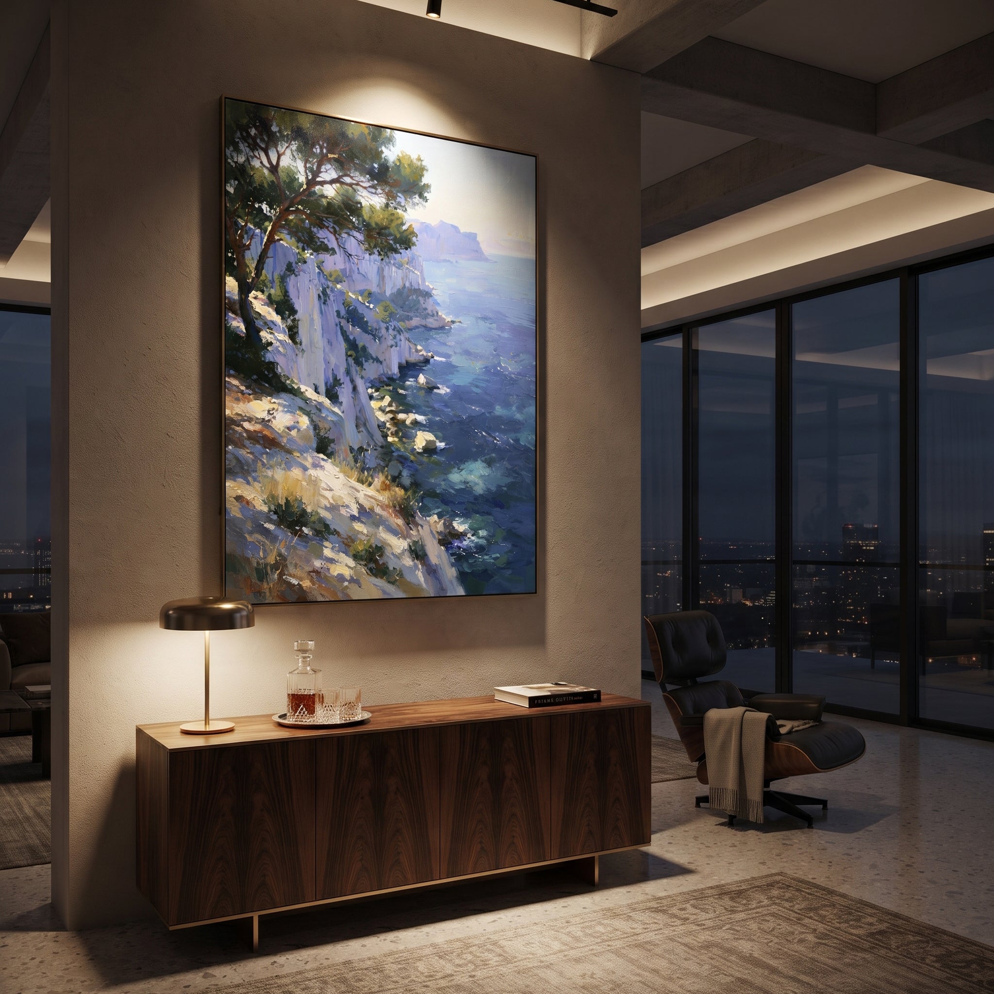 "Coastal Garden with Sails Painting" focuses on atmosphere, surface movement, and sculptural heavy impasto craftsmanship rather than a fixed literal storyline. The composition uses this hand-painted Mediterranean canvas features sailboats on a blue bay, flowering terrace, coastal town and luminous summer sky, built with raised palette-knife texture, layered brushwork, and luminous coastal color as the visual anchor, while layered palette-knife paint, raised plaster-like texture, and softened