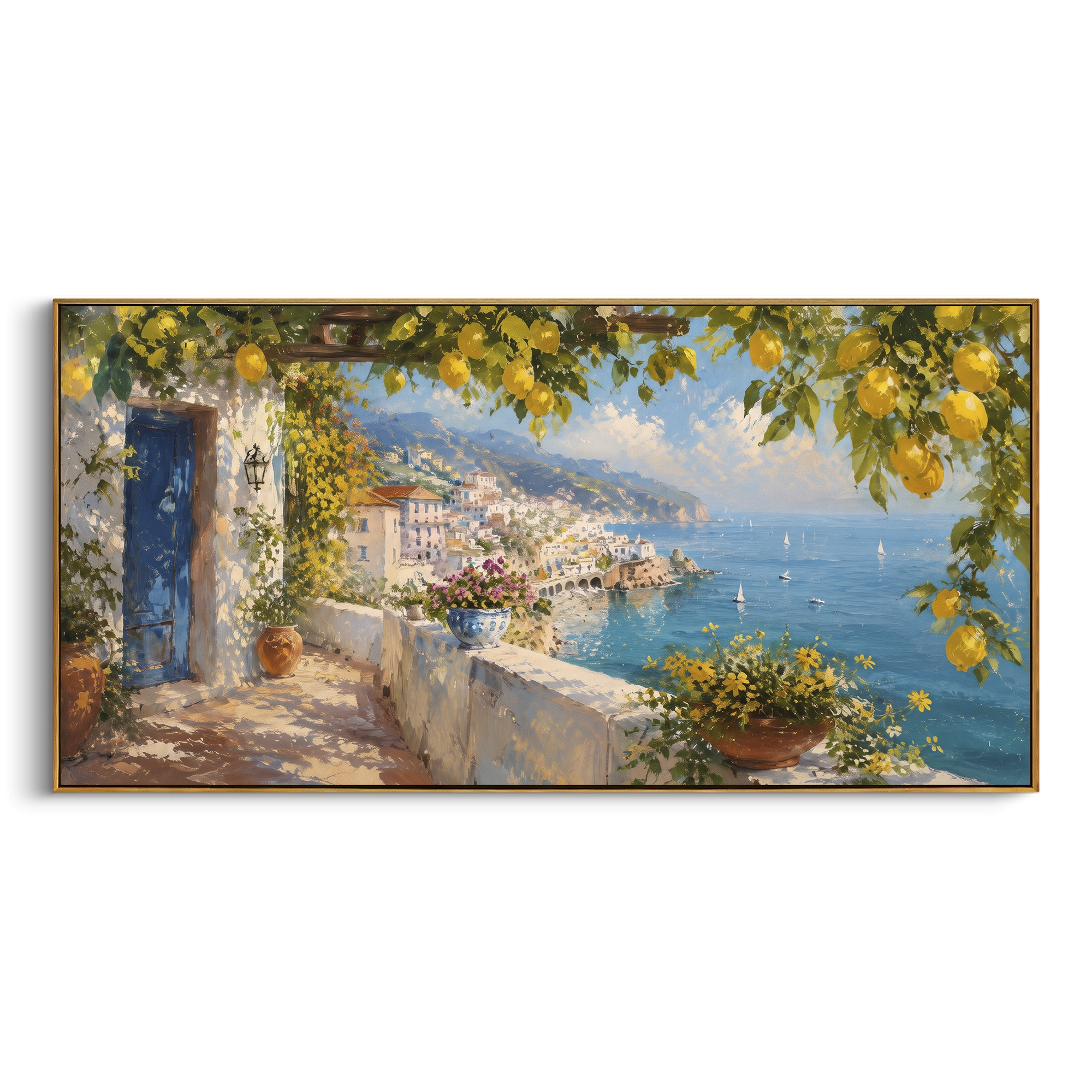 "Blue Shutters Lemon Painting" focuses on atmosphere, surface movement, and sculptural heavy impasto craftsmanship rather than a fixed literal storyline. The composition uses this hand-painted Mediterranean canvas features open blue shutters, lemon branches, calm sea view, bright white wall and terrace light, built with raised palette-knife texture, layered brushwork, and luminous coastal color as the visual anchor, while layered palette-knife paint, raised plaster-like texture, and softened
