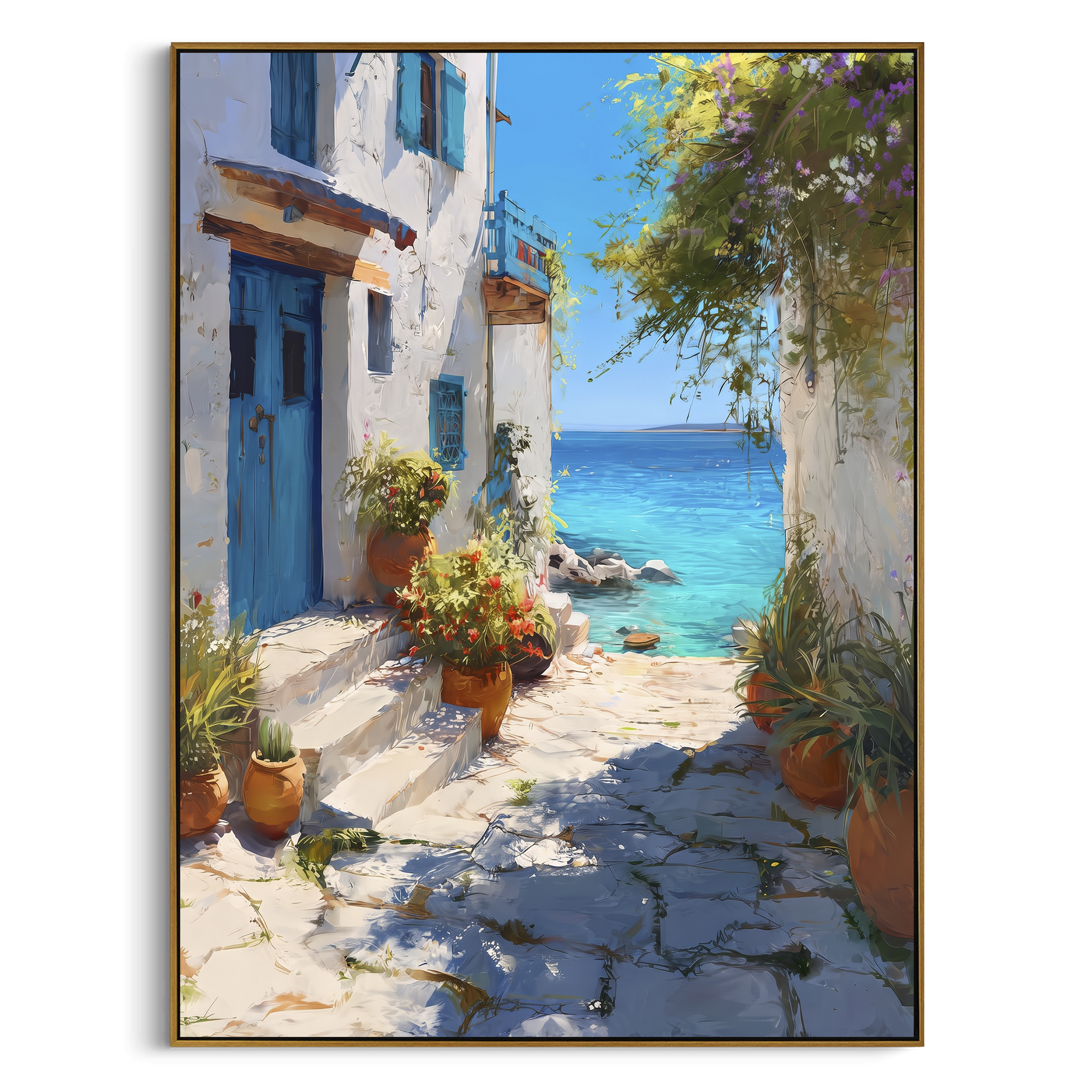 "White Alley Bougainvillea Painting" focuses on atmosphere, surface movement, and sculptural heavy impasto craftsmanship rather than a fixed literal storyline. The composition uses this hand-painted Mediterranean canvas features whitewashed stone lane, cascading pink bougainvillea, blue sea opening, sunlit village walls, built with raised palette-knife texture, layered brushwork, and luminous coastal color as the visual anchor, while layered palette-knife paint, raised plaster-like texture, and