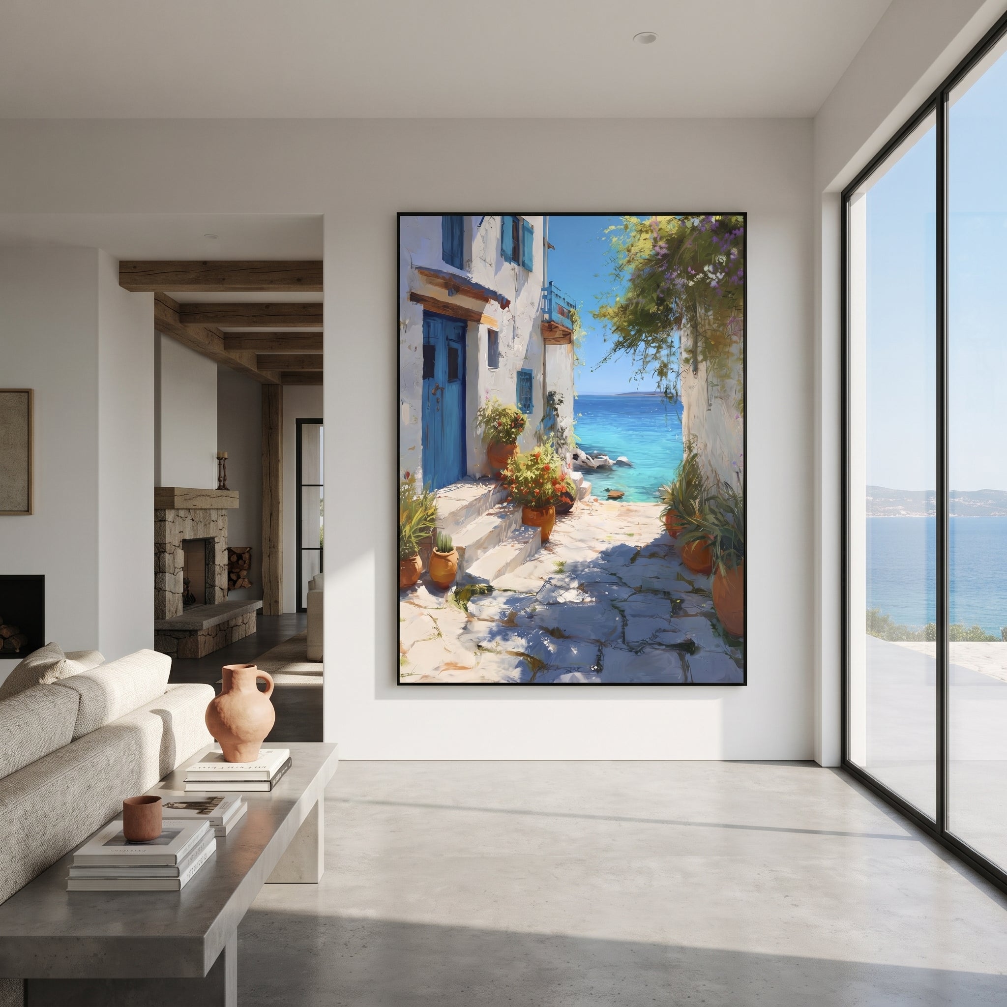 "White Alley Bougainvillea Painting" focuses on atmosphere, surface movement, and sculptural heavy impasto craftsmanship rather than a fixed literal storyline. The composition uses this hand-painted Mediterranean canvas features whitewashed stone lane, cascading pink bougainvillea, blue sea opening, sunlit village walls, built with raised palette-knife texture, layered brushwork, and luminous coastal color as the visual anchor, while layered palette-knife paint, raised plaster-like texture, and