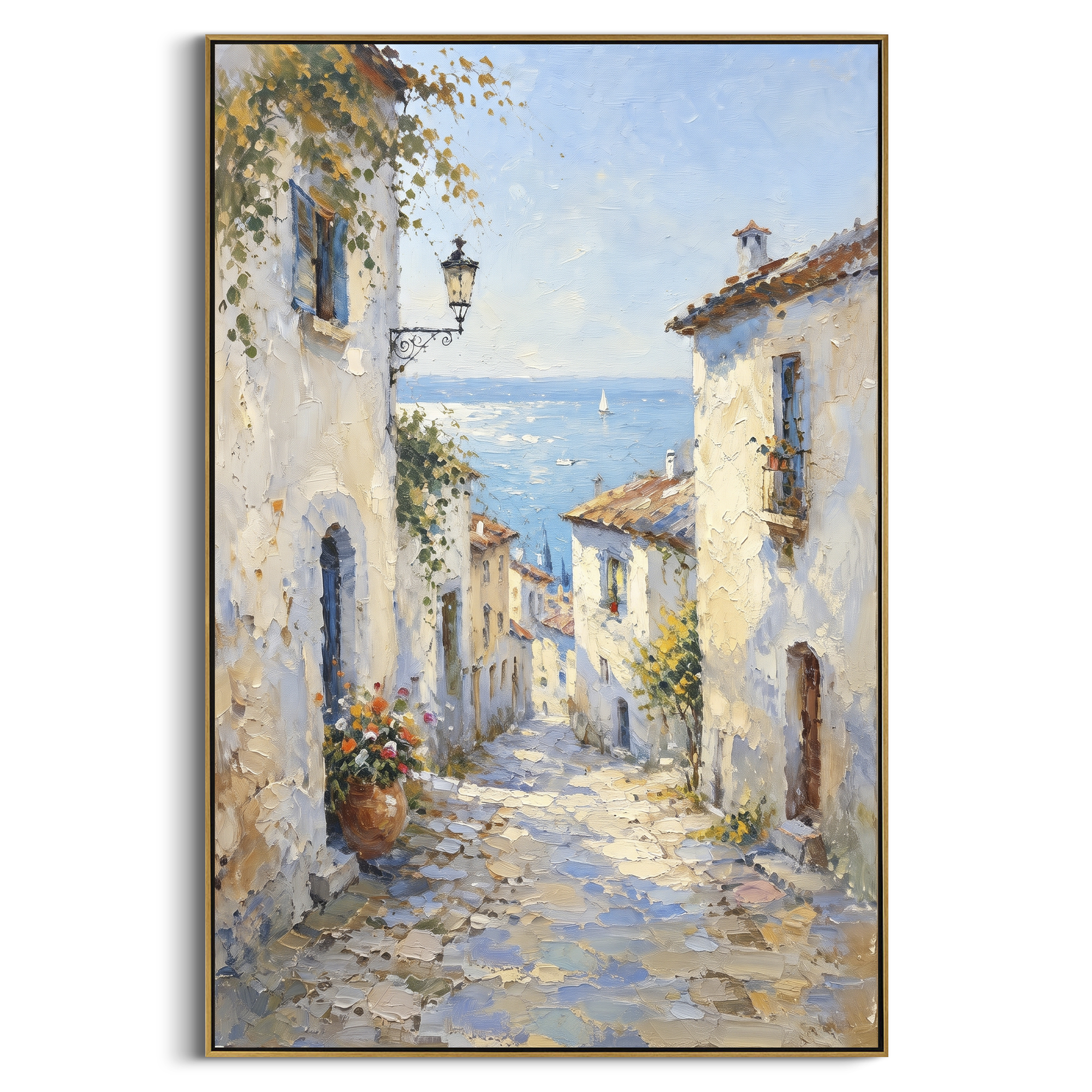 "Blue Cliffside Bay Painting" focuses on atmosphere, surface movement, and sculptural heavy impasto craftsmanship rather than a fixed literal storyline. The composition uses this hand-painted Mediterranean canvas features steep coastal cliffs, hillside village, deep blue water, floral foreground, textured sky, built with raised palette-knife texture, layered brushwork, and luminous coastal color as the visual anchor, while layered palette-knife paint, raised plaster-like texture, and softened