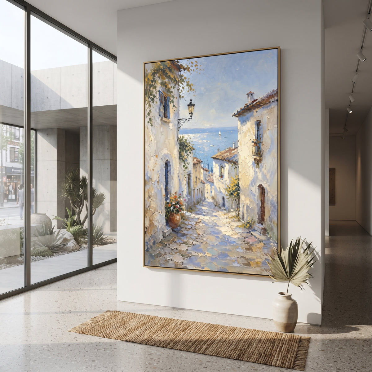 "Blue Cliffside Bay Painting" focuses on atmosphere, surface movement, and sculptural heavy impasto craftsmanship rather than a fixed literal storyline. The composition uses this hand-painted Mediterranean canvas features steep coastal cliffs, hillside village, deep blue water, floral foreground, textured sky, built with raised palette-knife texture, layered brushwork, and luminous coastal color as the visual anchor, while layered palette-knife paint, raised plaster-like texture, and softened