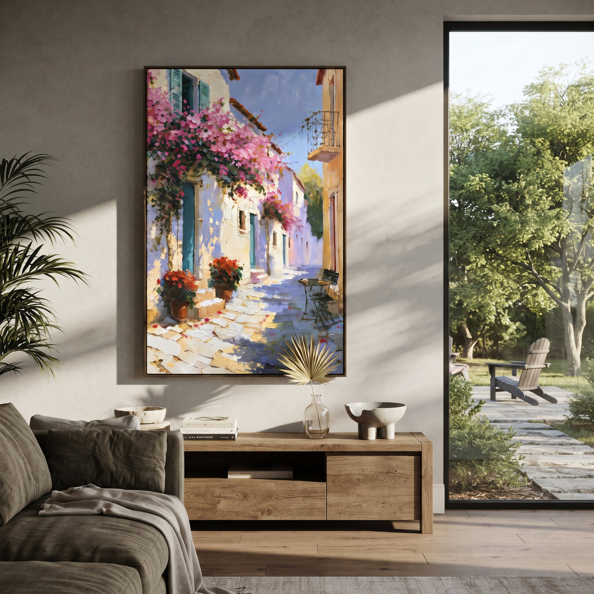 "Sunlit White Village Painting" focuses on atmosphere, surface movement, and sculptural heavy impasto craftsmanship rather than a fixed literal storyline. The composition uses this hand-painted Mediterranean canvas features white Mediterranean alley, terracotta roofs, potted flowers, distant sea and mountain light, built with raised palette-knife texture, layered brushwork, and luminous coastal color as the visual anchor, while layered palette-knife paint, raised plaster-like texture, and