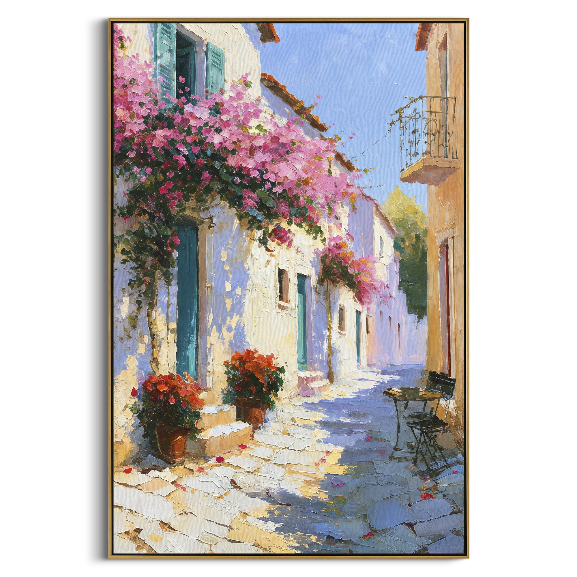"Sunlit White Village Painting" focuses on atmosphere, surface movement, and sculptural heavy impasto craftsmanship rather than a fixed literal storyline. The composition uses this hand-painted Mediterranean canvas features white Mediterranean alley, terracotta roofs, potted flowers, distant sea and mountain light, built with raised palette-knife texture, layered brushwork, and luminous coastal color as the visual anchor, while layered palette-knife paint, raised plaster-like texture, and