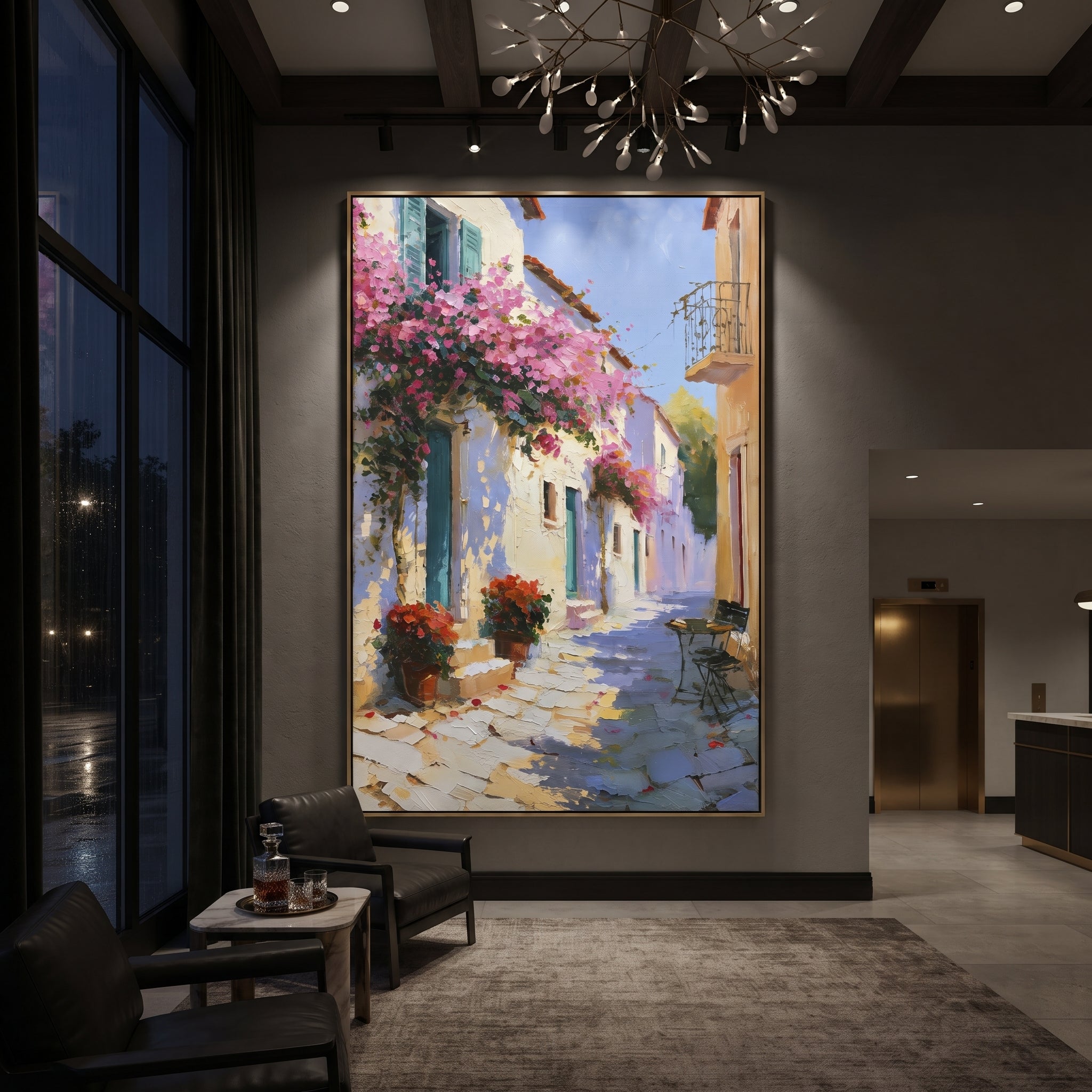 "Sunlit White Village Painting" focuses on atmosphere, surface movement, and sculptural heavy impasto craftsmanship rather than a fixed literal storyline. The composition uses this hand-painted Mediterranean canvas features white Mediterranean alley, terracotta roofs, potted flowers, distant sea and mountain light, built with raised palette-knife texture, layered brushwork, and luminous coastal color as the visual anchor, while layered palette-knife paint, raised plaster-like texture, and