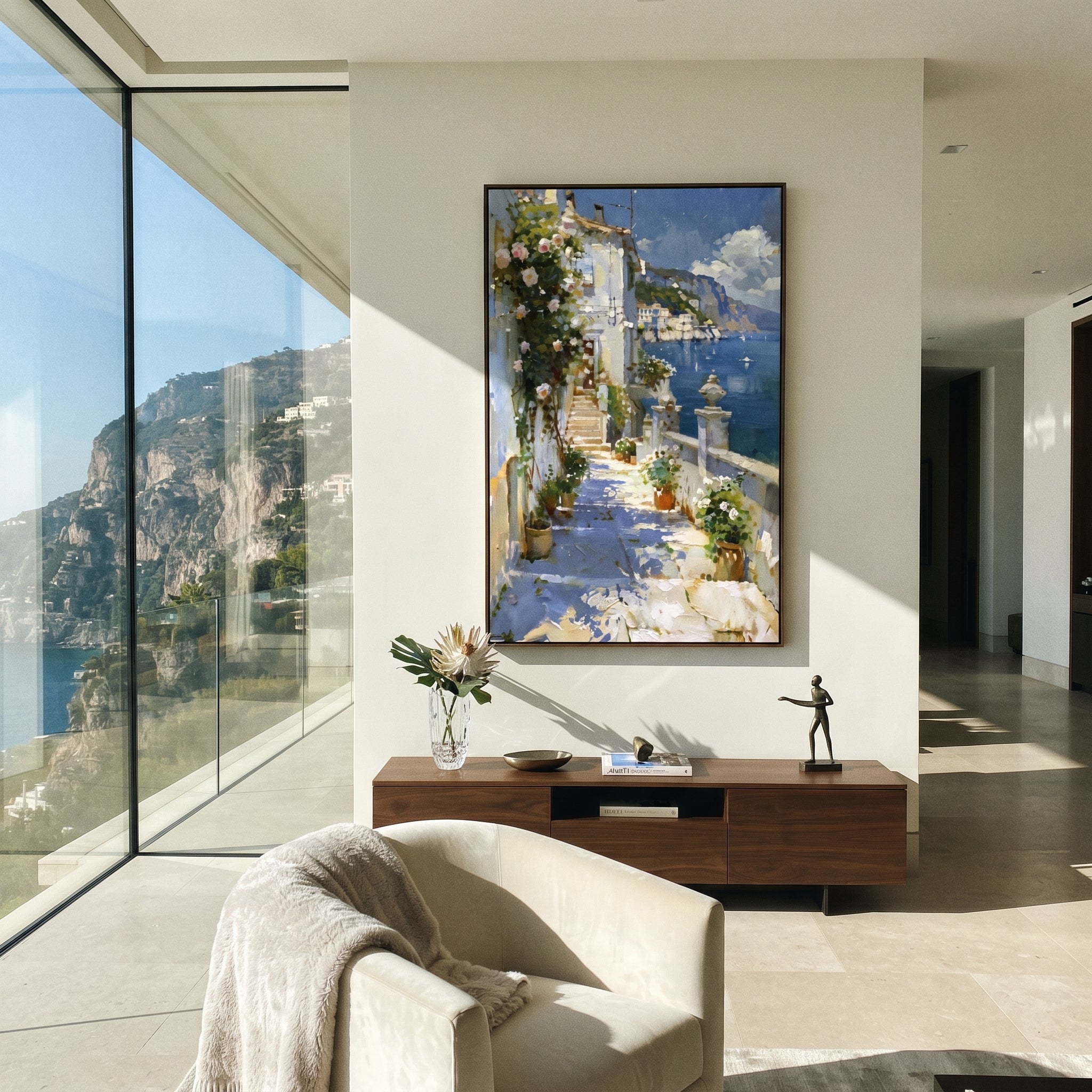 "Blue Bay Flower Garden Painting" focuses on atmosphere, surface movement, and sculptural heavy impasto craftsmanship rather than a fixed literal storyline. The composition uses this hand-painted Mediterranean canvas features sailboats on a blue bay, flowering terrace, coastal town and luminous summer sky, built with raised palette-knife texture, layered brushwork, and luminous coastal color as the visual anchor, while layered palette-knife paint, raised plaster-like texture, and softened brush