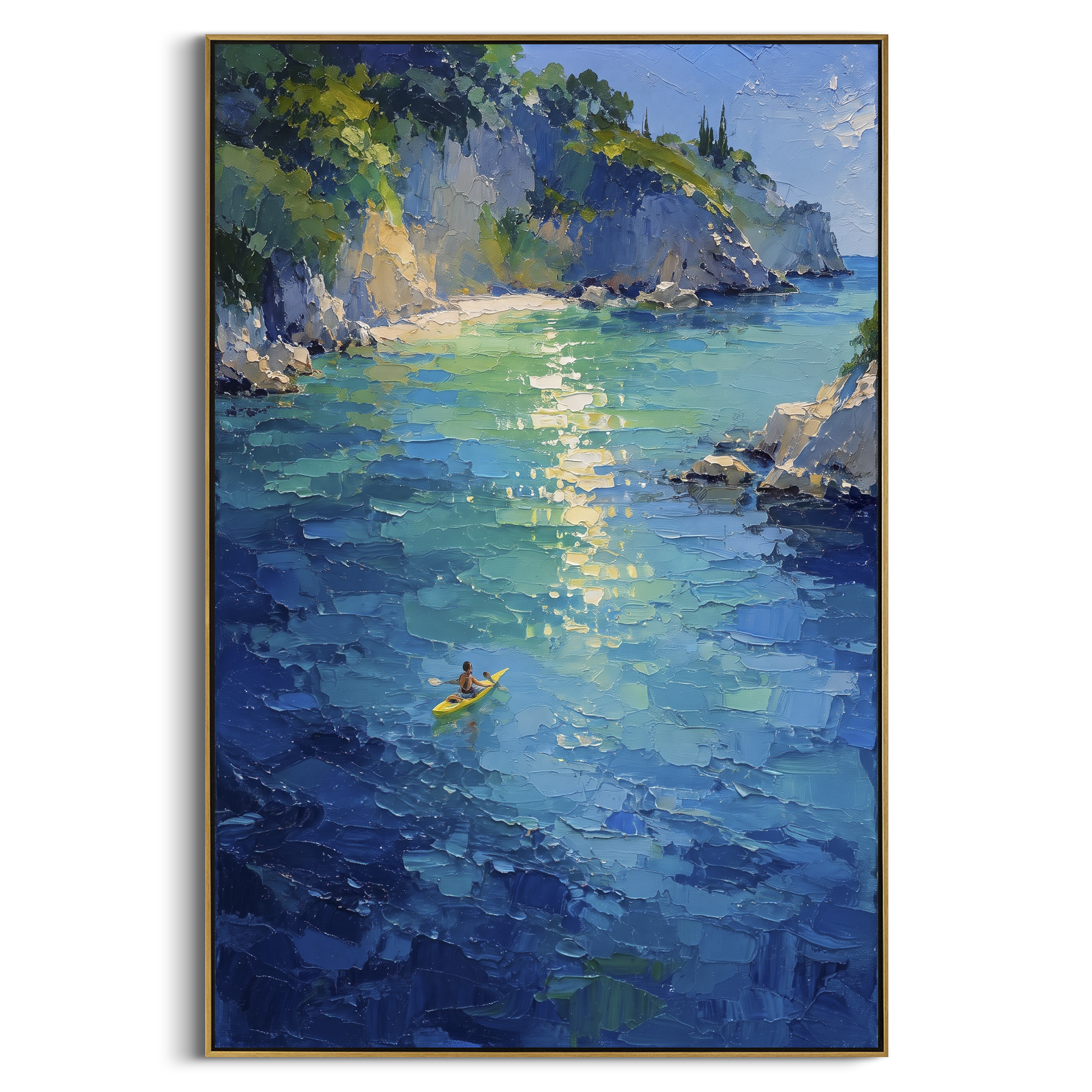 "Azure Mediterranean Cove Painting" focuses on atmosphere, surface movement, and sculptural heavy impasto craftsmanship rather than a fixed literal storyline. The composition uses this hand-painted Mediterranean canvas features clear turquoise cove, rocky shoreline, mountain coast, sun flecks over water, built with raised palette-knife texture, layered brushwork, and luminous coastal color as the visual anchor, while layered palette-knife paint, raised plaster-like texture, and softened brush