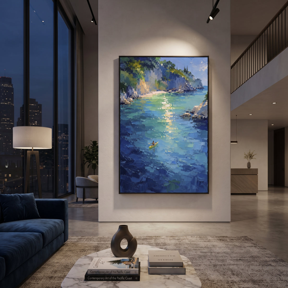 "Azure Mediterranean Cove Painting" focuses on atmosphere, surface movement, and sculptural heavy impasto craftsmanship rather than a fixed literal storyline. The composition uses this hand-painted Mediterranean canvas features clear turquoise cove, rocky shoreline, mountain coast, sun flecks over water, built with raised palette-knife texture, layered brushwork, and luminous coastal color as the visual anchor, while layered palette-knife paint, raised plaster-like texture, and softened brush