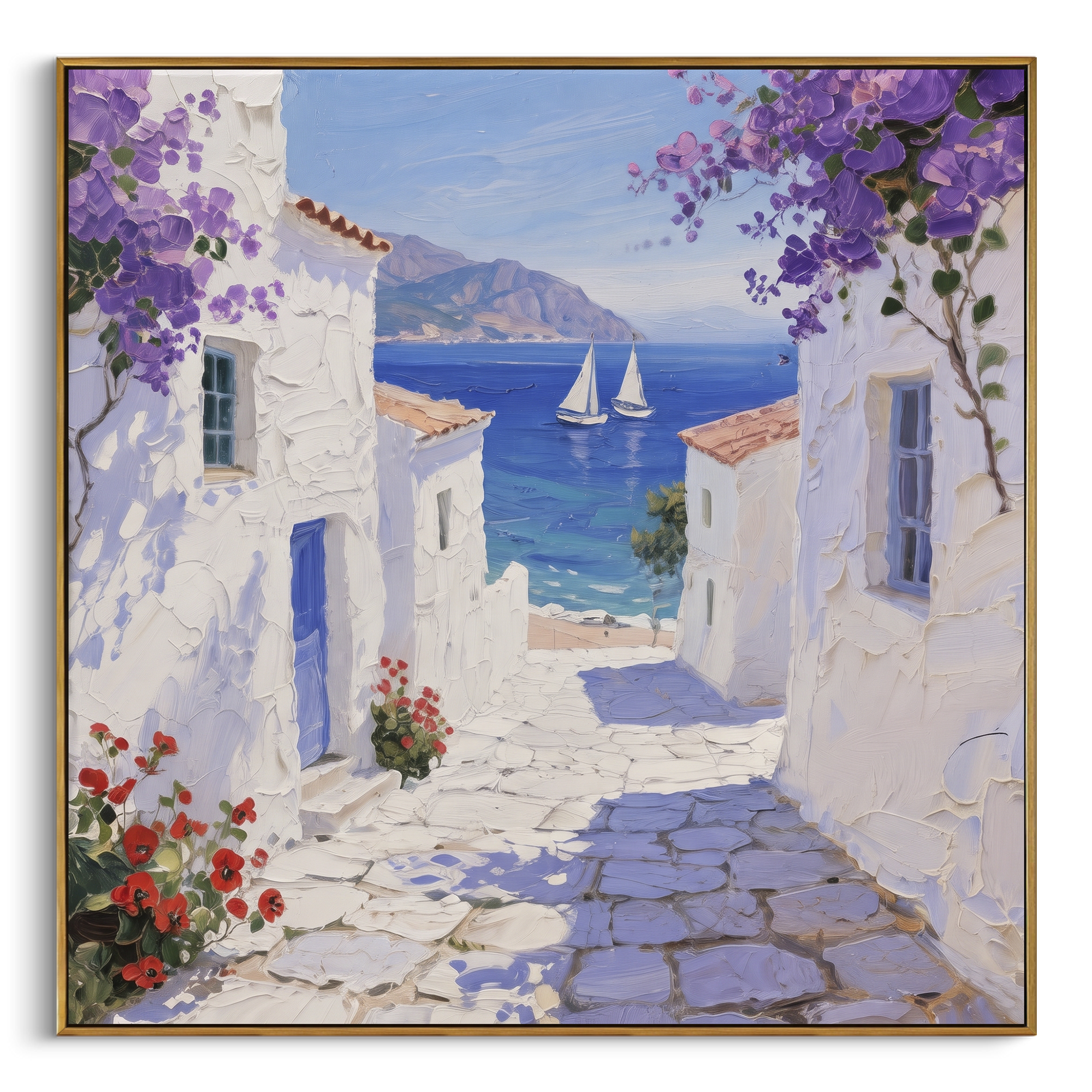 "White Terrace Sea View Painting" focuses on atmosphere, surface movement, and sculptural heavy impasto craftsmanship rather than a fixed literal storyline. The composition uses this hand-painted Mediterranean canvas features white stucco terrace, blue doors, potted blooms, open view toward the Mediterranean, built with raised palette-knife texture, layered brushwork, and luminous coastal color as the visual anchor, while layered palette-knife paint, raised plaster-like texture, and softened