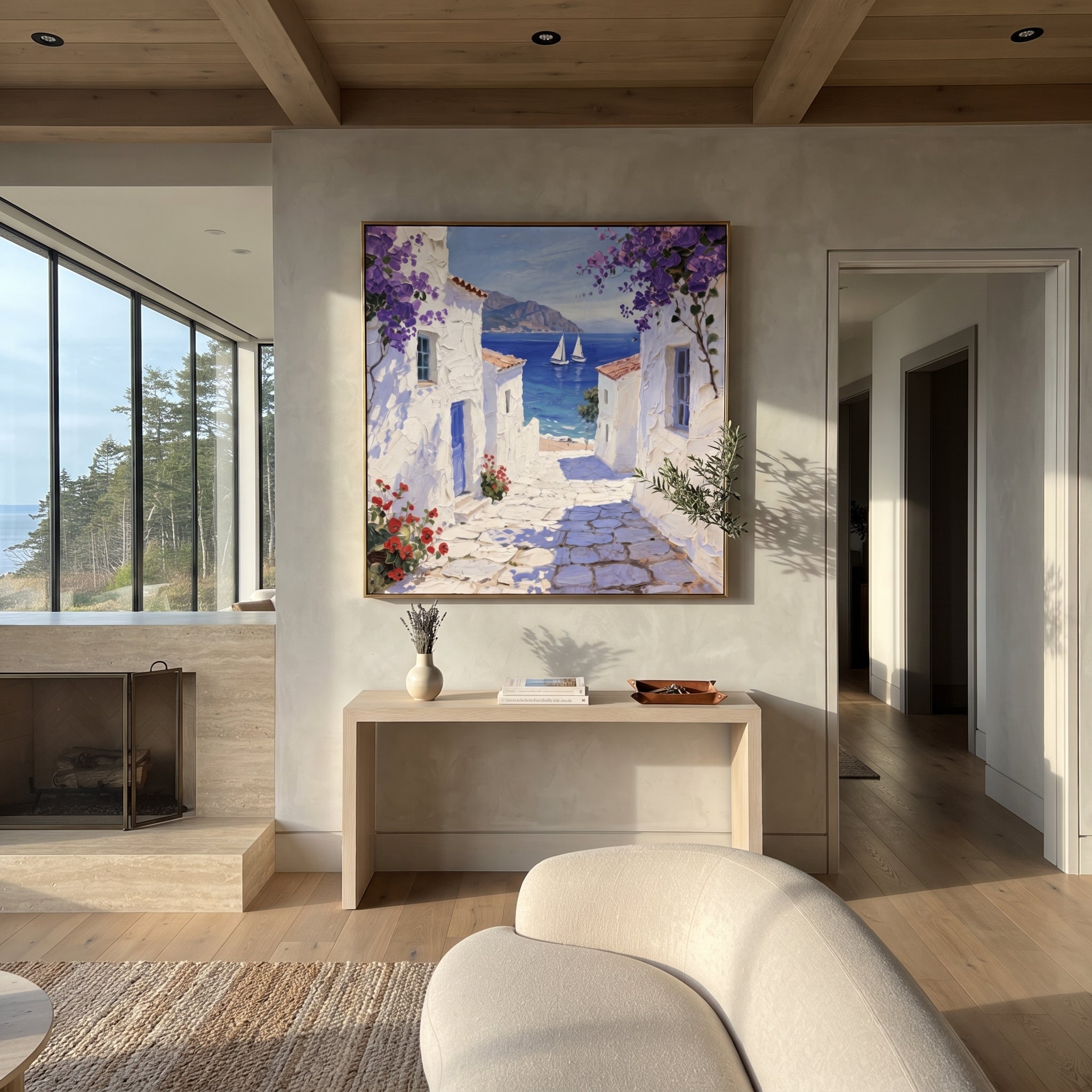 "White Terrace Sea View Painting" focuses on atmosphere, surface movement, and sculptural heavy impasto craftsmanship rather than a fixed literal storyline. The composition uses this hand-painted Mediterranean canvas features white stucco terrace, blue doors, potted blooms, open view toward the Mediterranean, built with raised palette-knife texture, layered brushwork, and luminous coastal color as the visual anchor, while layered palette-knife paint, raised plaster-like texture, and softened
