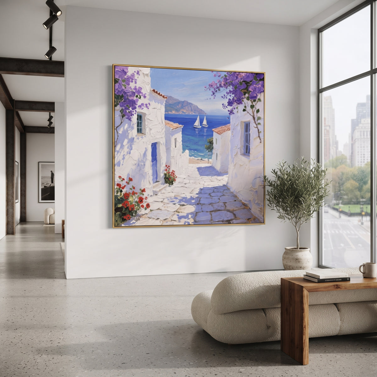 "White Terrace Sea View Painting" focuses on atmosphere, surface movement, and sculptural heavy impasto craftsmanship rather than a fixed literal storyline. The composition uses this hand-painted Mediterranean canvas features white stucco terrace, blue doors, potted blooms, open view toward the Mediterranean, built with raised palette-knife texture, layered brushwork, and luminous coastal color as the visual anchor, while layered palette-knife paint, raised plaster-like texture, and softened
