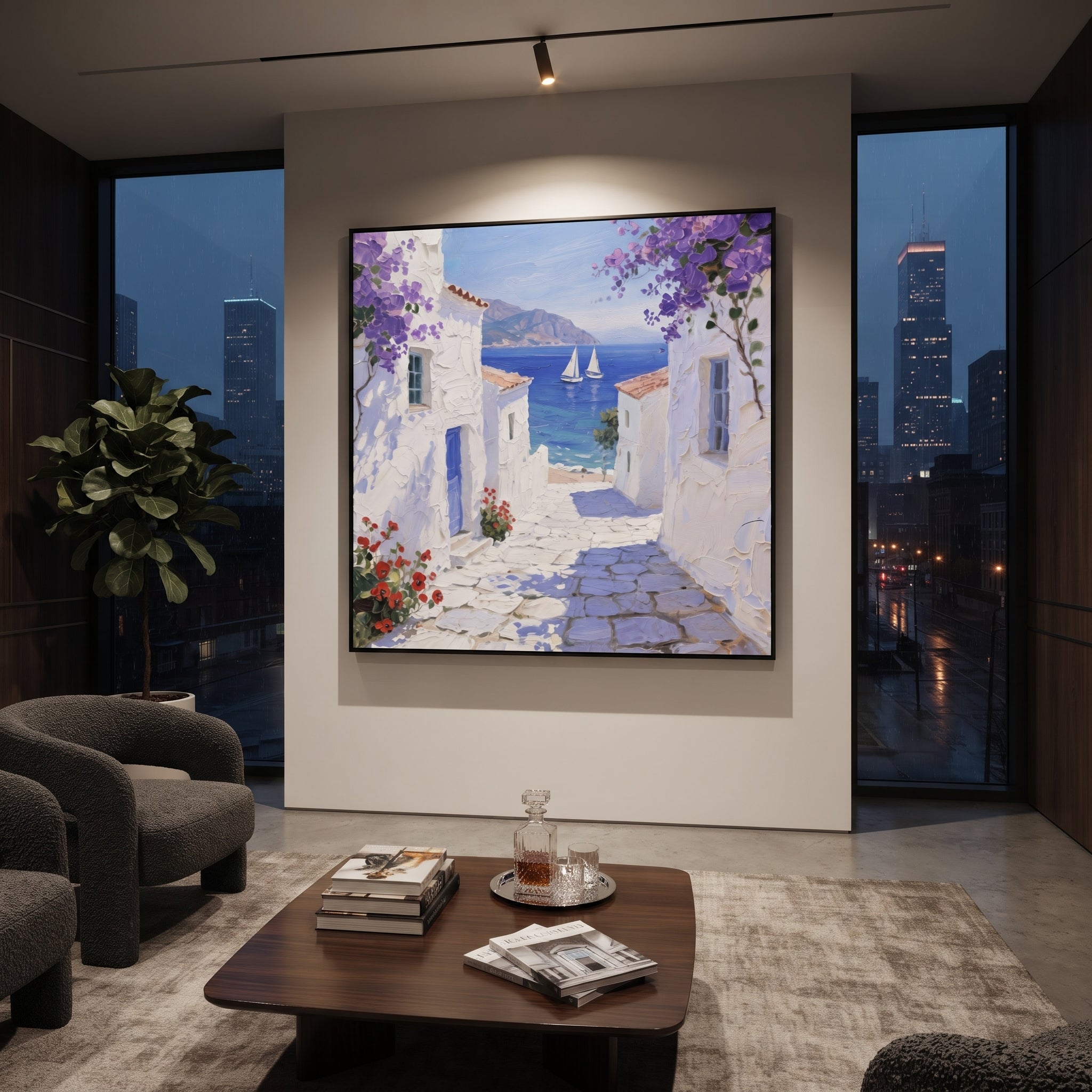 "White Terrace Sea View Painting" focuses on atmosphere, surface movement, and sculptural heavy impasto craftsmanship rather than a fixed literal storyline. The composition uses this hand-painted Mediterranean canvas features white stucco terrace, blue doors, potted blooms, open view toward the Mediterranean, built with raised palette-knife texture, layered brushwork, and luminous coastal color as the visual anchor, while layered palette-knife paint, raised plaster-like texture, and softened