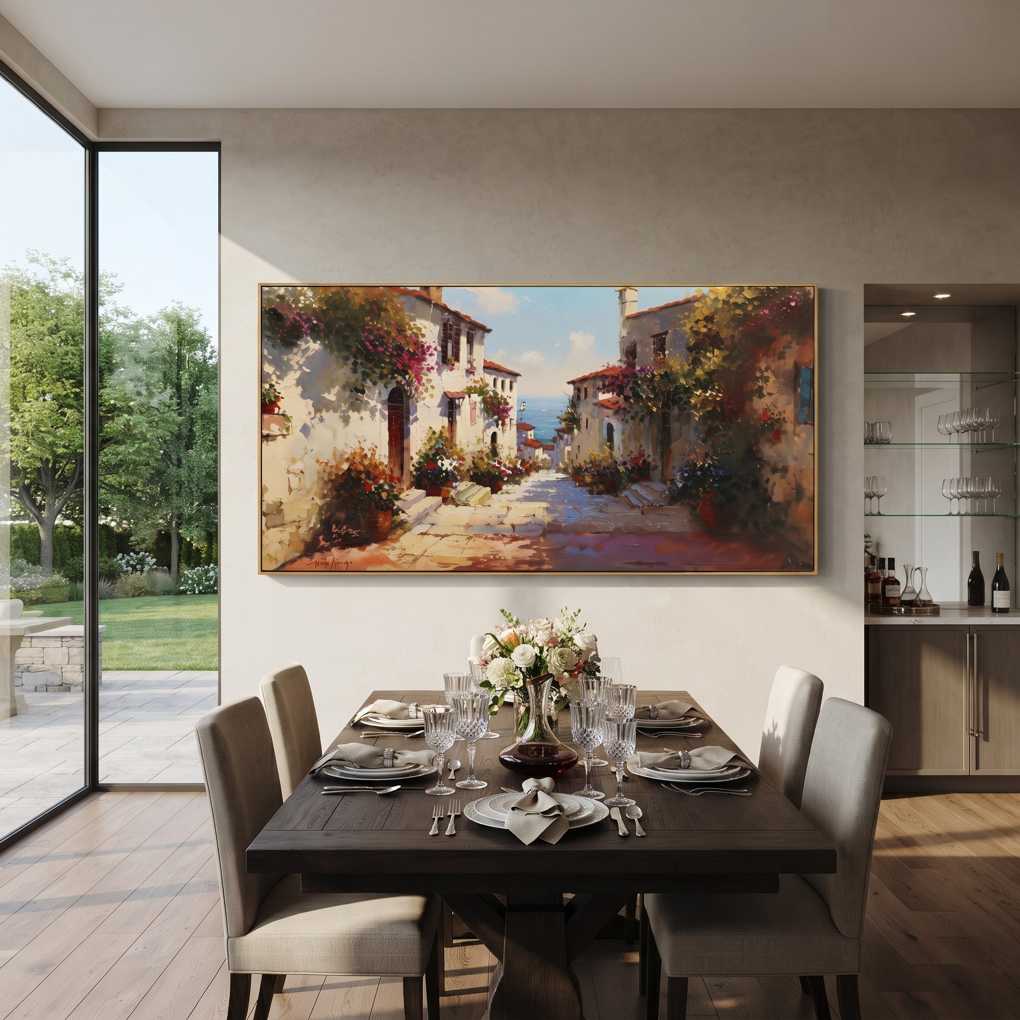 "Seaside Village Harbor Painting" focuses on atmosphere, surface movement, and sculptural heavy impasto craftsmanship rather than a fixed literal storyline. The composition uses this hand-painted Mediterranean canvas features colorful waterfront houses, moored boats, shimmering blue harbor reflections, pastel sky, built with raised palette-knife texture, layered brushwork, and luminous coastal color as the visual anchor, while layered palette-knife paint, raised plaster-like texture, and