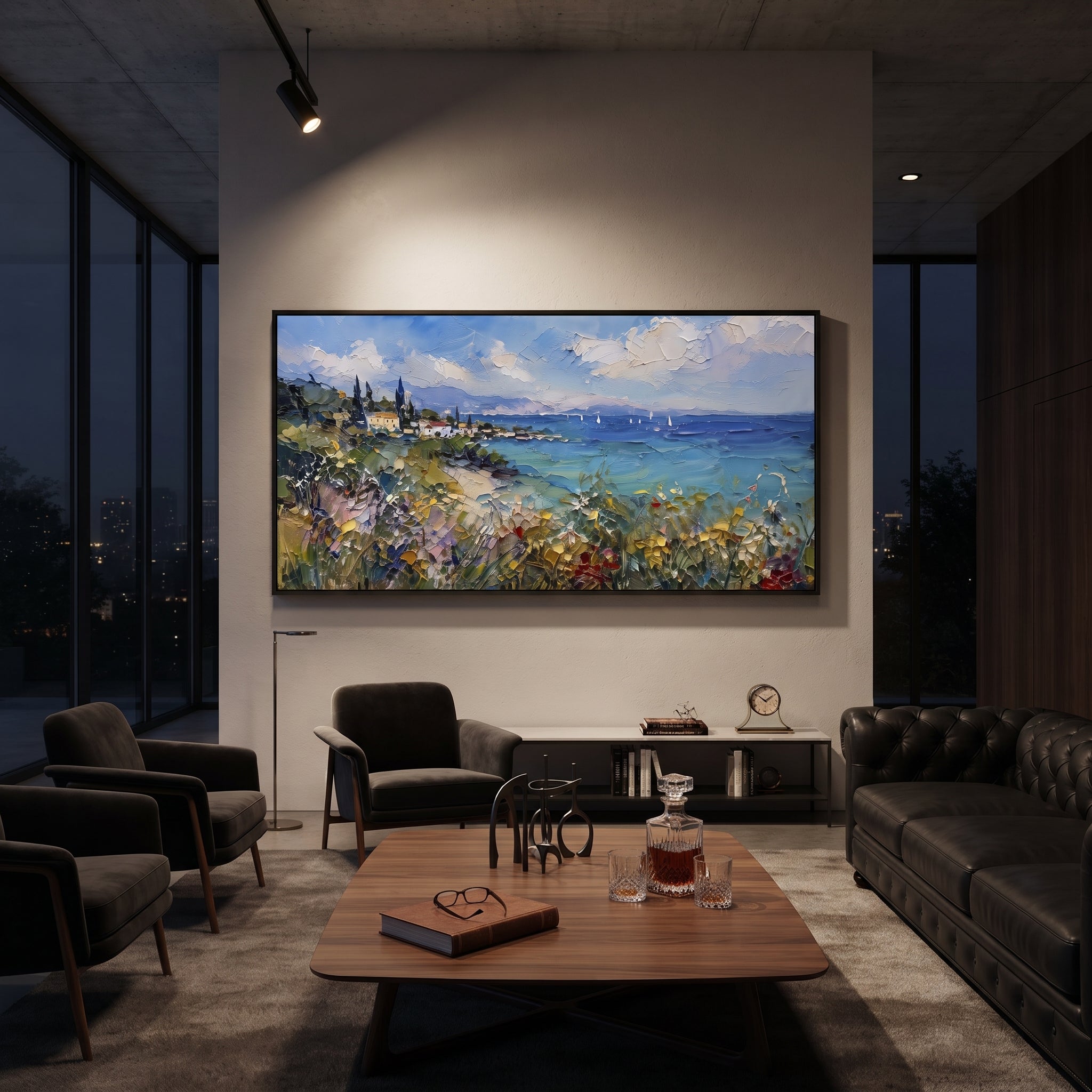 "Fishing Boats Reflections Painting" focuses on atmosphere, surface movement, and sculptural heavy impasto craftsmanship rather than a fixed literal storyline. The composition uses this hand-painted Mediterranean canvas features colorful waterfront houses, moored boats, shimmering blue harbor reflections, pastel sky, built with raised palette-knife texture, layered brushwork, and luminous coastal color as the visual anchor, while layered palette-knife paint, raised plaster-like texture, and