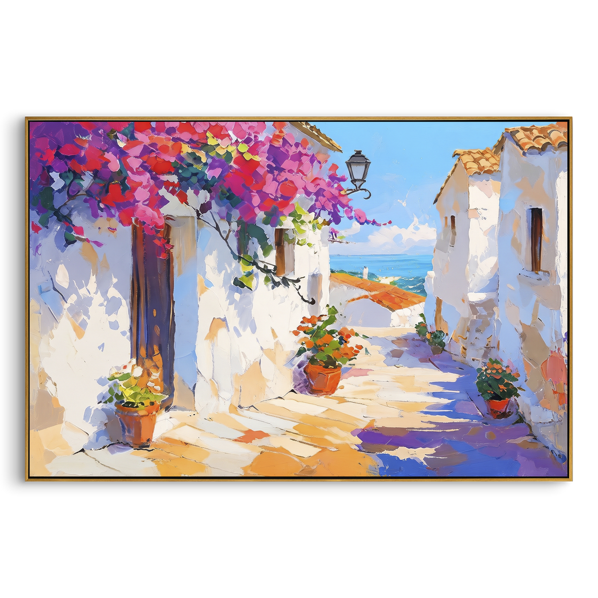 "Seaside Terrace Sailboats Painting" focuses on atmosphere, surface movement, and sculptural heavy impasto craftsmanship rather than a fixed literal storyline. The composition uses this hand-painted Mediterranean canvas features sailboats on a blue bay, flowering terrace, coastal town and luminous summer sky, built with raised palette-knife texture, layered brushwork, and luminous coastal color as the visual anchor, while layered palette-knife paint, raised plaster-like texture, and softened