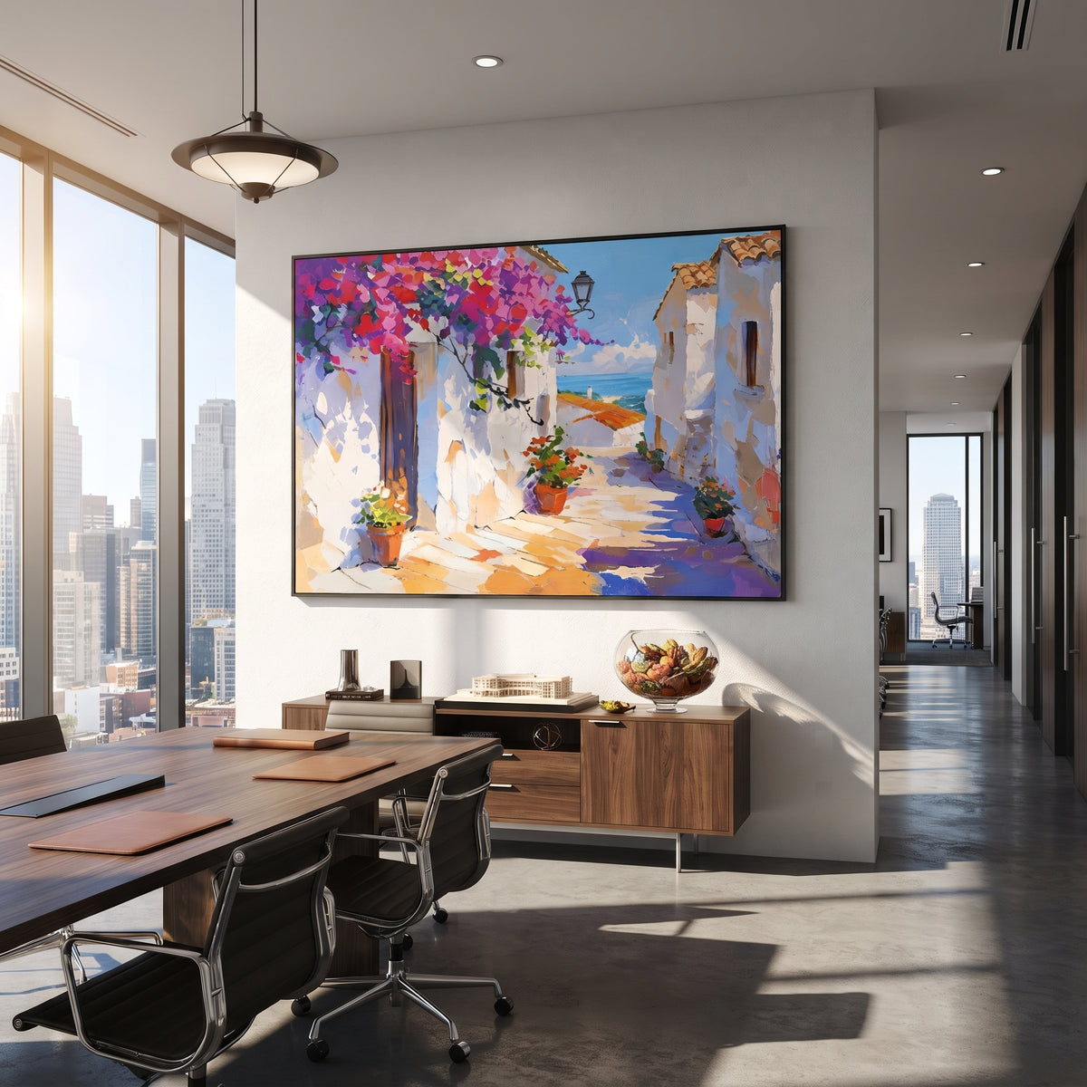 "Seaside Terrace Sailboats Painting" focuses on atmosphere, surface movement, and sculptural heavy impasto craftsmanship rather than a fixed literal storyline. The composition uses this hand-painted Mediterranean canvas features sailboats on a blue bay, flowering terrace, coastal town and luminous summer sky, built with raised palette-knife texture, layered brushwork, and luminous coastal color as the visual anchor, while layered palette-knife paint, raised plaster-like texture, and softened