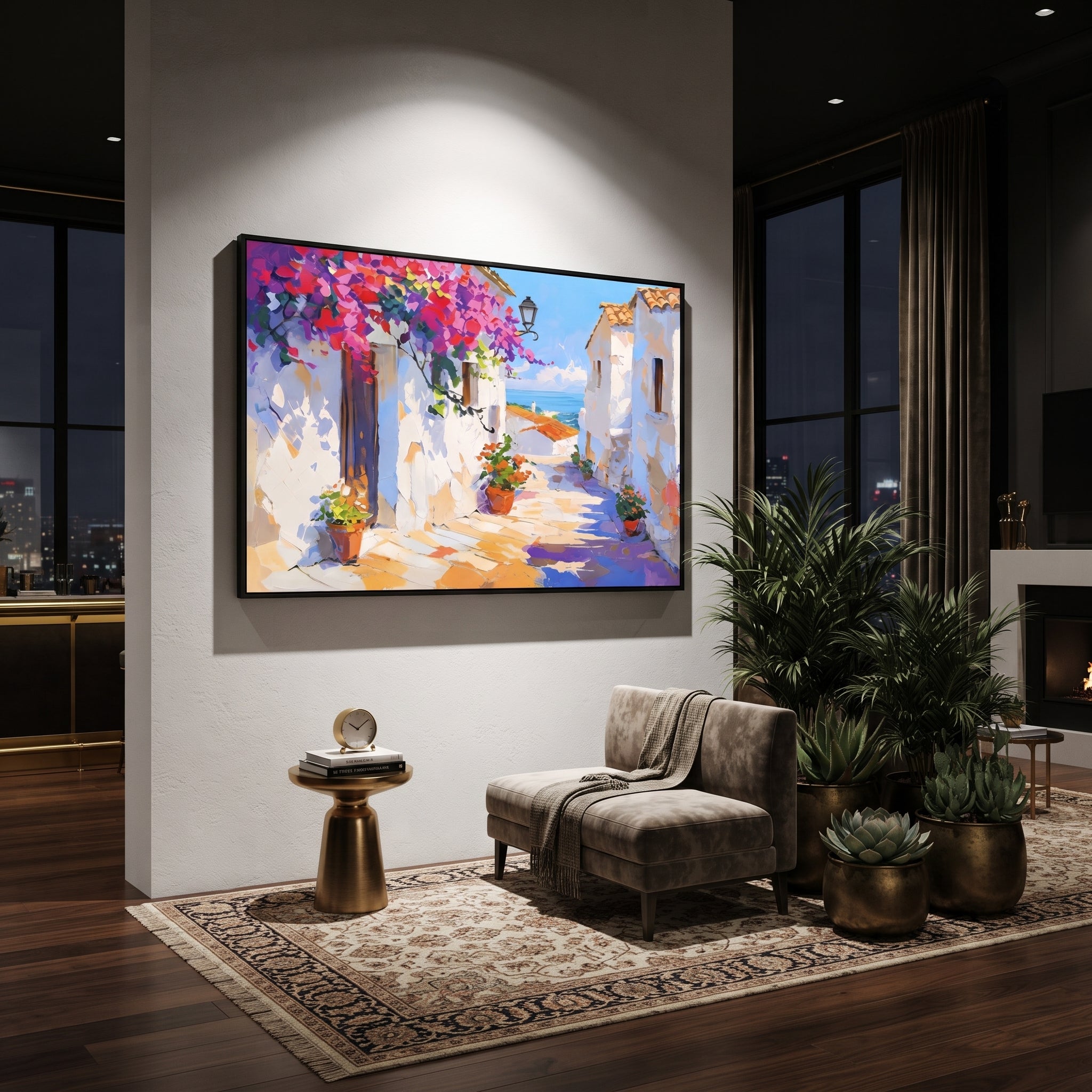 "Seaside Terrace Sailboats Painting" focuses on atmosphere, surface movement, and sculptural heavy impasto craftsmanship rather than a fixed literal storyline. The composition uses this hand-painted Mediterranean canvas features sailboats on a blue bay, flowering terrace, coastal town and luminous summer sky, built with raised palette-knife texture, layered brushwork, and luminous coastal color as the visual anchor, while layered palette-knife paint, raised plaster-like texture, and softened
