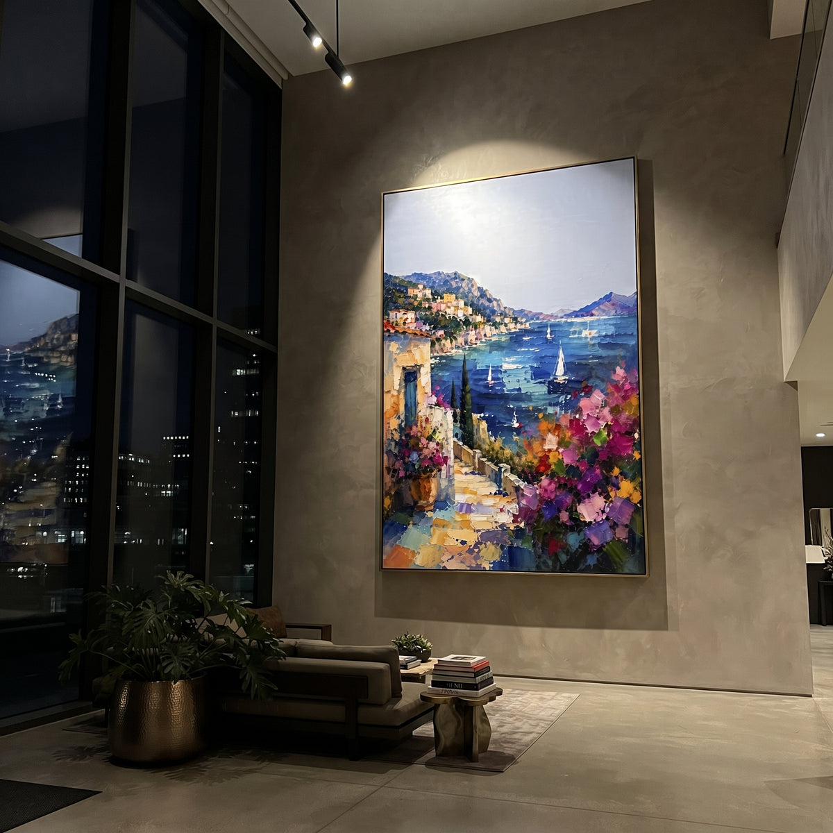"Seaside Flower Lane Painting" focuses on atmosphere, surface movement, and sculptural heavy impasto craftsmanship rather than a fixed literal storyline. The composition uses this hand-painted Mediterranean canvas features whitewashed stone lane, cascading pink bougainvillea, blue sea opening, sunlit village walls, built with raised palette-knife texture, layered brushwork, and luminous coastal color as the visual anchor, while layered palette-knife paint, raised plaster-like texture, and