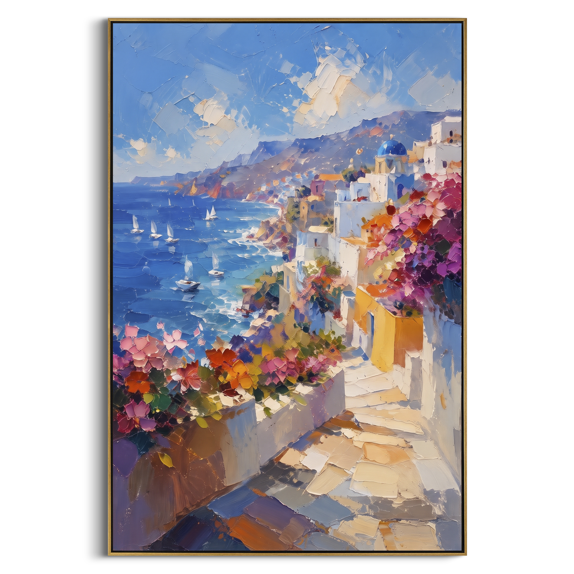 "Coastal Mountain Village Painting" focuses on atmosphere, surface movement, and sculptural heavy impasto craftsmanship rather than a fixed literal storyline. The composition uses this hand-painted Mediterranean canvas features steep coastal cliffs, hillside village, deep blue water, floral foreground, textured sky, built with raised palette-knife texture, layered brushwork, and luminous coastal color as the visual anchor, while layered palette-knife paint, raised plaster-like texture, and