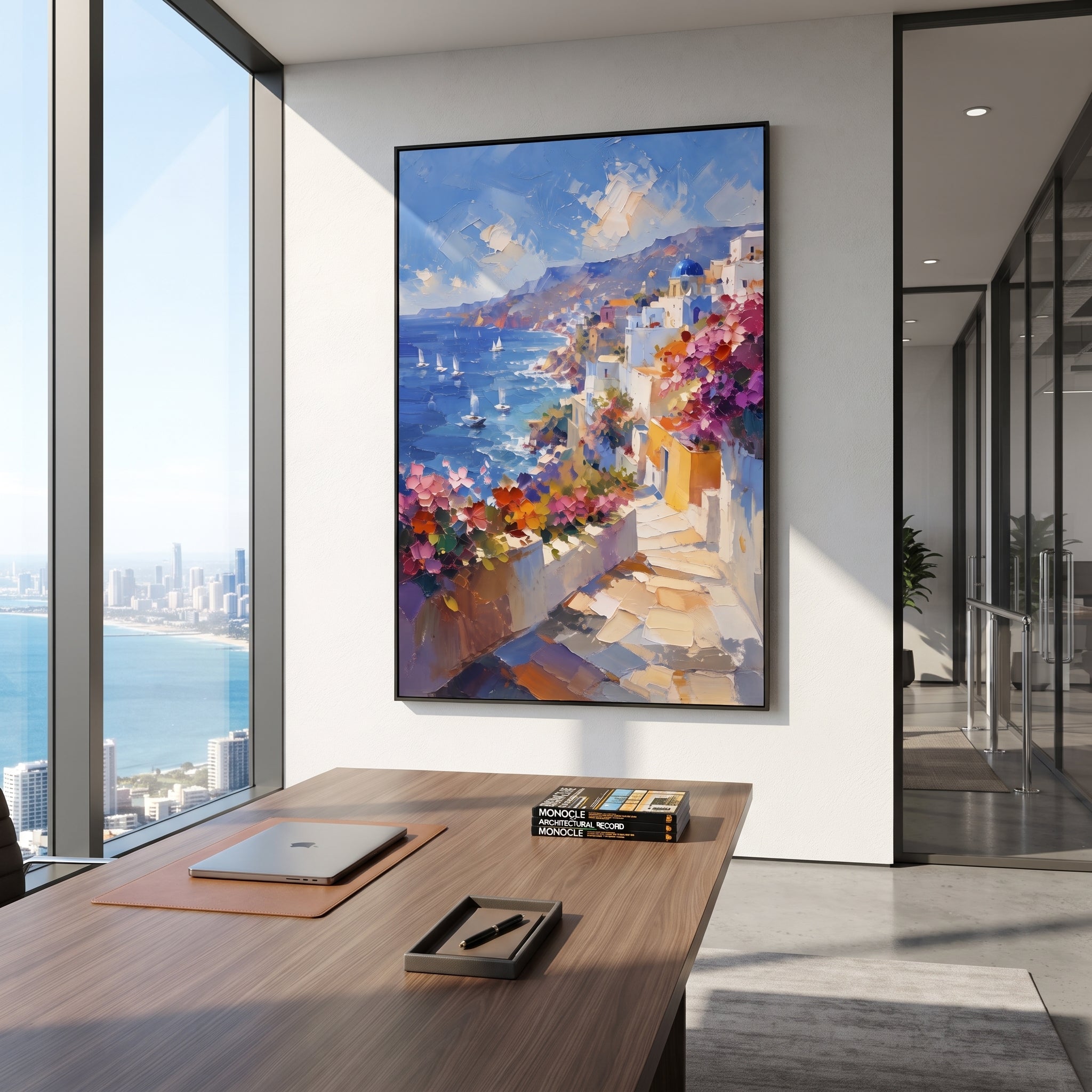 "Coastal Mountain Village Painting" focuses on atmosphere, surface movement, and sculptural heavy impasto craftsmanship rather than a fixed literal storyline. The composition uses this hand-painted Mediterranean canvas features steep coastal cliffs, hillside village, deep blue water, floral foreground, textured sky, built with raised palette-knife texture, layered brushwork, and luminous coastal color as the visual anchor, while layered palette-knife paint, raised plaster-like texture, and