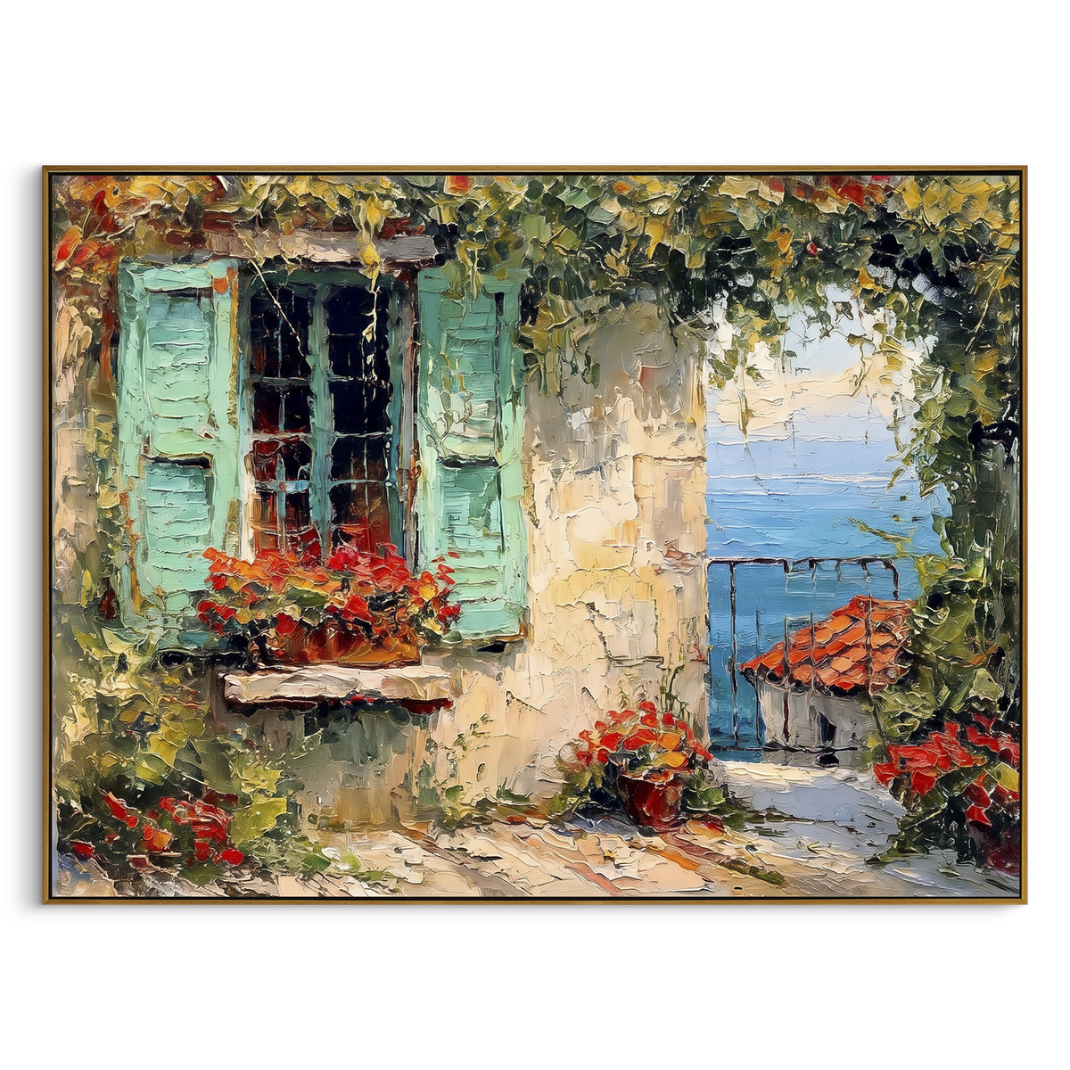 "Flowered Cliff Vista Painting" focuses on atmosphere, surface movement, and sculptural heavy impasto craftsmanship rather than a fixed literal storyline. The composition uses this hand-painted Mediterranean canvas features steep coastal cliffs, hillside village, deep blue water, floral foreground, textured sky, built with raised palette-knife texture, layered brushwork, and luminous coastal color as the visual anchor, while layered palette-knife paint, raised plaster-like texture, and softened