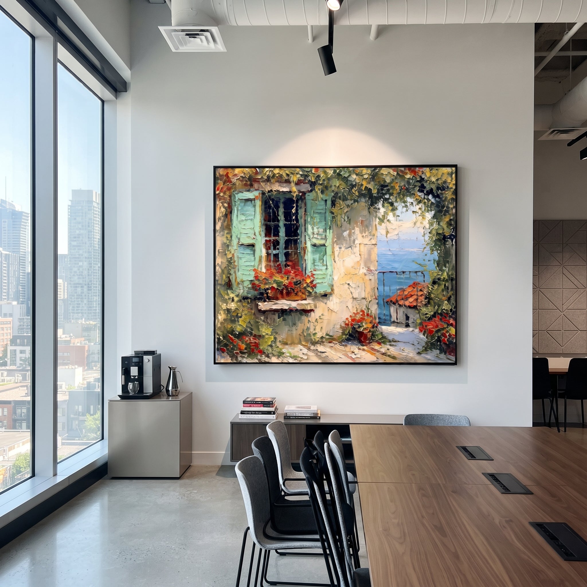 "Flowered Cliff Vista Painting" focuses on atmosphere, surface movement, and sculptural heavy impasto craftsmanship rather than a fixed literal storyline. The composition uses this hand-painted Mediterranean canvas features steep coastal cliffs, hillside village, deep blue water, floral foreground, textured sky, built with raised palette-knife texture, layered brushwork, and luminous coastal color as the visual anchor, while layered palette-knife paint, raised plaster-like texture, and softened