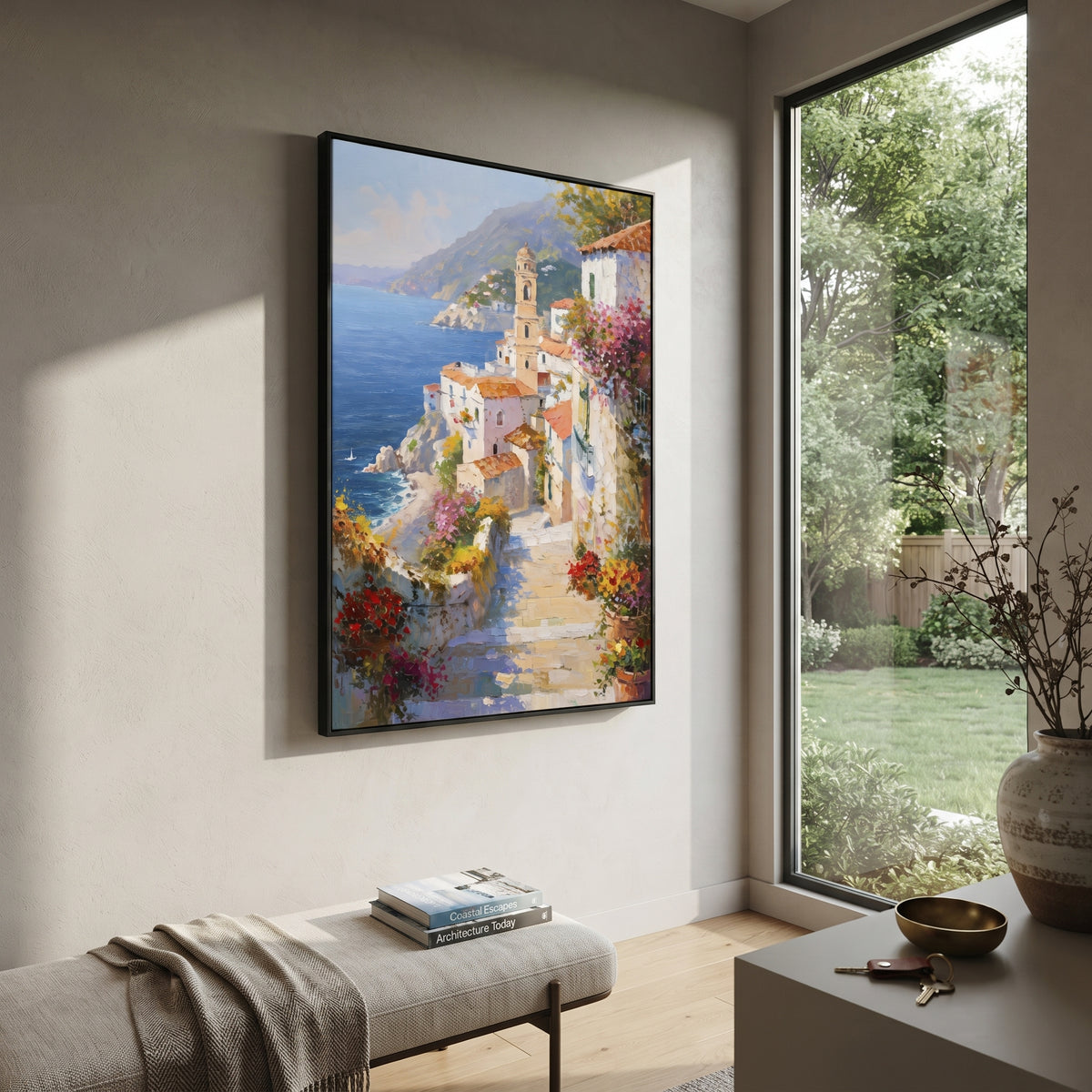 "Blue Bay Rooftops Painting" focuses on atmosphere, surface movement, and sculptural heavy impasto craftsmanship rather than a fixed literal storyline. The composition uses this hand-painted Mediterranean canvas features coastal mountains, small village rooftops, winding shore, blue bay and garden accents, built with raised palette-knife texture, layered brushwork, and luminous coastal color as the visual anchor, while layered palette-knife paint, raised plaster-like texture, and softened brush