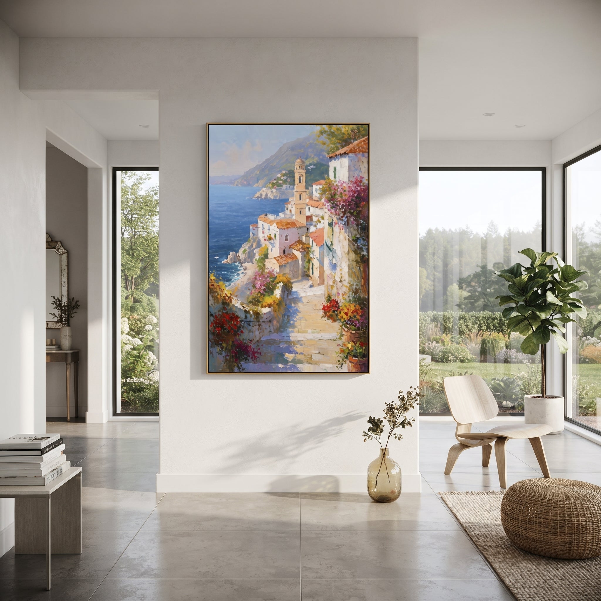 "Blue Bay Rooftops Painting" focuses on atmosphere, surface movement, and sculptural heavy impasto craftsmanship rather than a fixed literal storyline. The composition uses this hand-painted Mediterranean canvas features coastal mountains, small village rooftops, winding shore, blue bay and garden accents, built with raised palette-knife texture, layered brushwork, and luminous coastal color as the visual anchor, while layered palette-knife paint, raised plaster-like texture, and softened brush