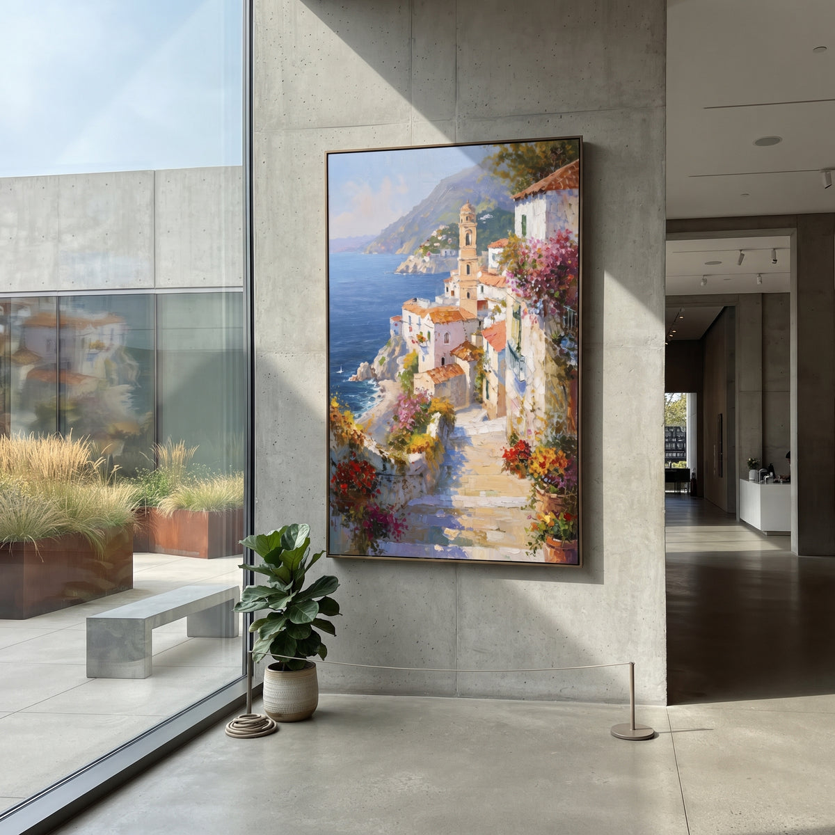 "Blue Bay Rooftops Painting" focuses on atmosphere, surface movement, and sculptural heavy impasto craftsmanship rather than a fixed literal storyline. The composition uses this hand-painted Mediterranean canvas features coastal mountains, small village rooftops, winding shore, blue bay and garden accents, built with raised palette-knife texture, layered brushwork, and luminous coastal color as the visual anchor, while layered palette-knife paint, raised plaster-like texture, and softened brush