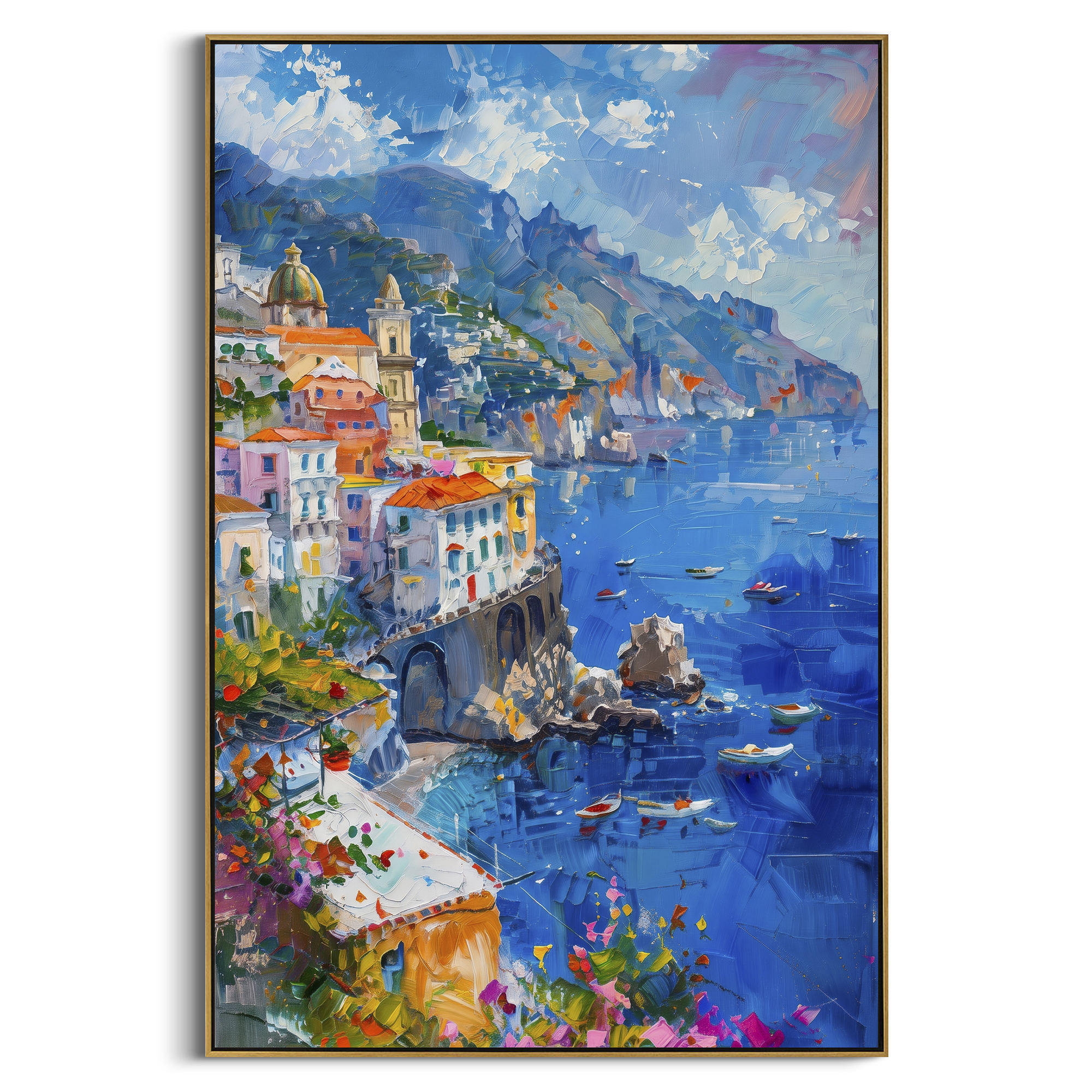 "Pink Bloom Coastal Path Painting" focuses on atmosphere, surface movement, and sculptural heavy impasto craftsmanship rather than a fixed literal storyline. The composition uses this hand-painted Mediterranean canvas features whitewashed stone lane, cascading pink bougainvillea, blue sea opening, sunlit village walls, built with raised palette-knife texture, layered brushwork, and luminous coastal color as the visual anchor, while layered palette-knife paint, raised plaster-like texture, and