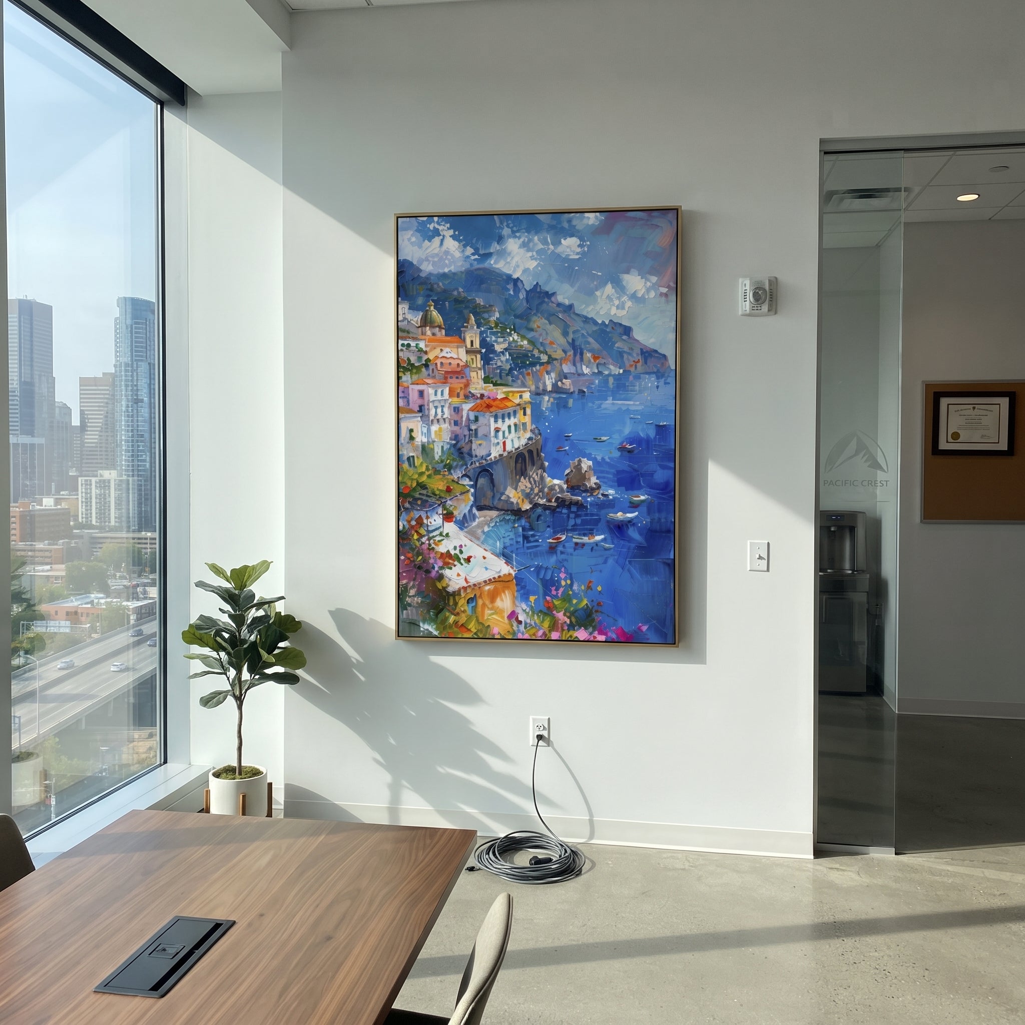"Pink Bloom Coastal Path Painting" focuses on atmosphere, surface movement, and sculptural heavy impasto craftsmanship rather than a fixed literal storyline. The composition uses this hand-painted Mediterranean canvas features whitewashed stone lane, cascading pink bougainvillea, blue sea opening, sunlit village walls, built with raised palette-knife texture, layered brushwork, and luminous coastal color as the visual anchor, while layered palette-knife paint, raised plaster-like texture, and
