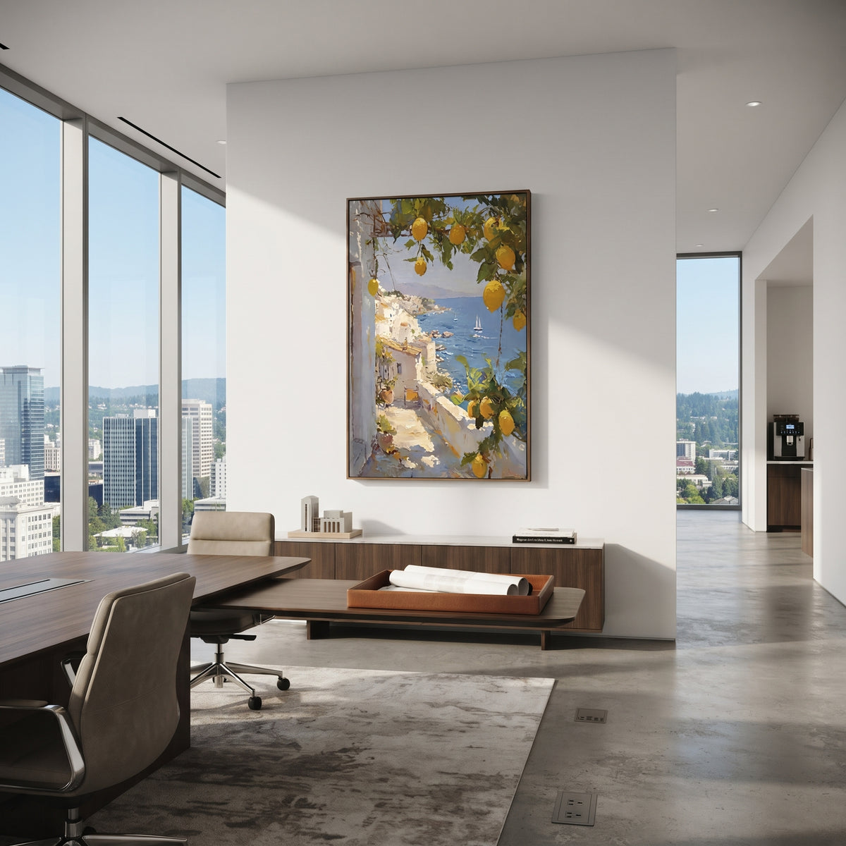 "Mediterranean Lemon Balcony Painting" focuses on atmosphere, surface movement, and sculptural heavy impasto craftsmanship rather than a fixed literal storyline. The composition uses this hand-painted Mediterranean canvas features open blue shutters, lemon branches, calm sea view, bright white wall and terrace light, built with raised palette-knife texture, layered brushwork, and luminous coastal color as the visual anchor, while layered palette-knife paint, raised plaster-like texture, and