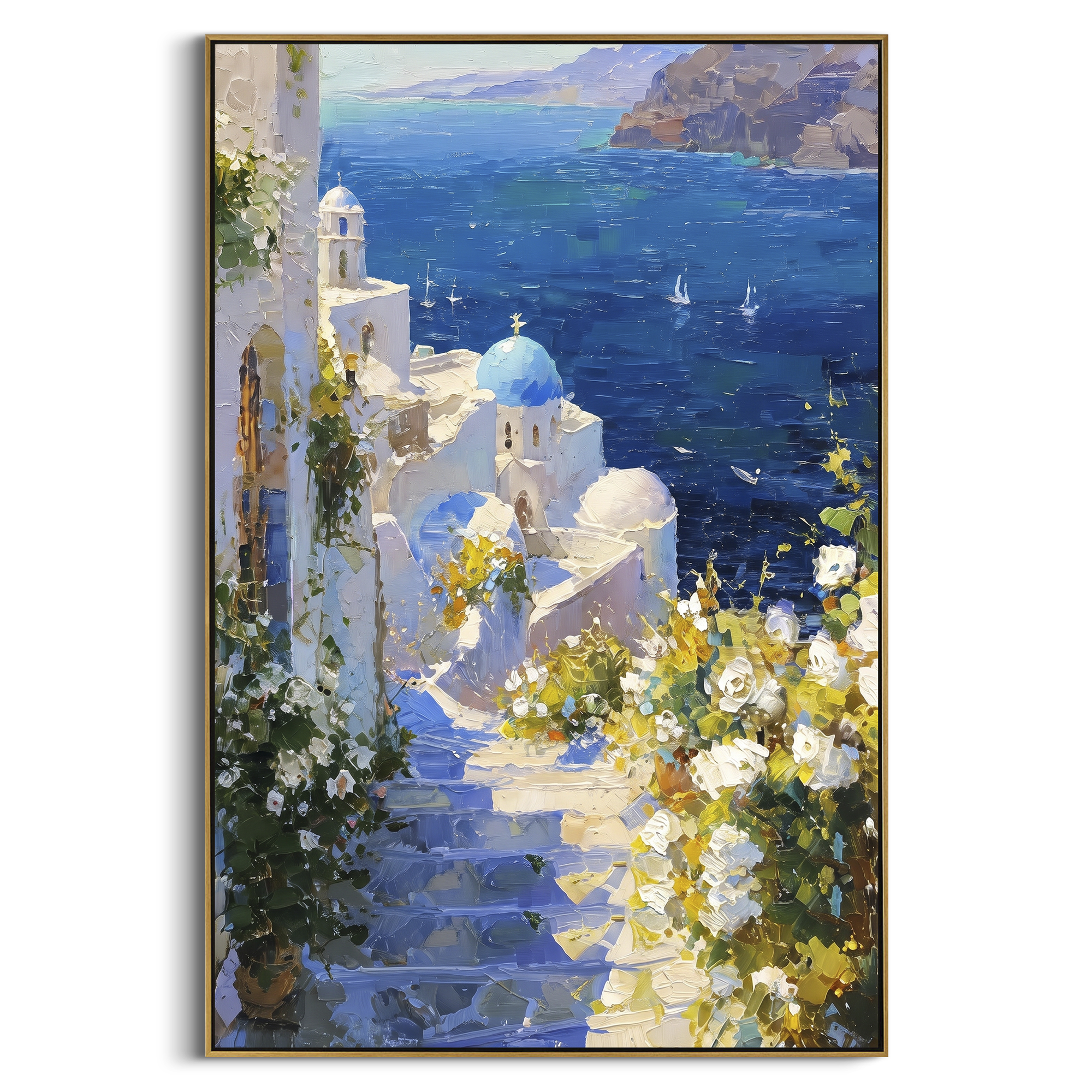 "Mediterranean Stone Street Painting" focuses on atmosphere, surface movement, and sculptural heavy impasto craftsmanship rather than a fixed literal storyline. The composition uses this hand-painted Mediterranean canvas features white Mediterranean alley, terracotta roofs, potted flowers, distant sea and mountain light, built with raised palette-knife texture, layered brushwork, and luminous coastal color as the visual anchor, while layered palette-knife paint, raised plaster-like texture, and