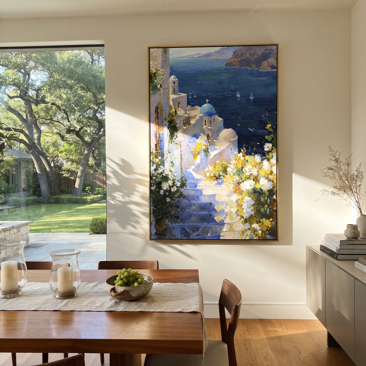 "Mediterranean Stone Street Painting" focuses on atmosphere, surface movement, and sculptural heavy impasto craftsmanship rather than a fixed literal storyline. The composition uses this hand-painted Mediterranean canvas features white Mediterranean alley, terracotta roofs, potted flowers, distant sea and mountain light, built with raised palette-knife texture, layered brushwork, and luminous coastal color as the visual anchor, while layered palette-knife paint, raised plaster-like texture, and