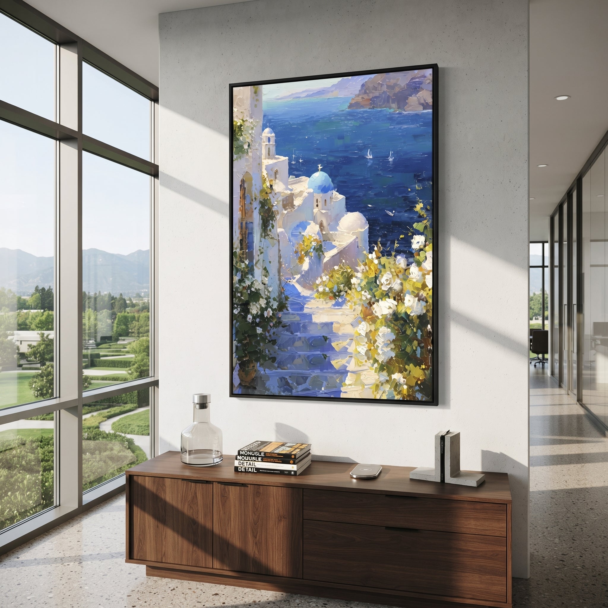 "Mediterranean Stone Street Painting" focuses on atmosphere, surface movement, and sculptural heavy impasto craftsmanship rather than a fixed literal storyline. The composition uses this hand-painted Mediterranean canvas features white Mediterranean alley, terracotta roofs, potted flowers, distant sea and mountain light, built with raised palette-knife texture, layered brushwork, and luminous coastal color as the visual anchor, while layered palette-knife paint, raised plaster-like texture, and