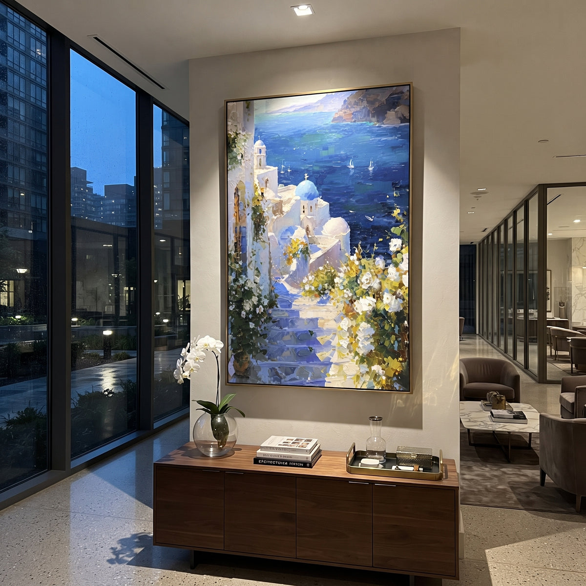 "Mediterranean Stone Street Painting" focuses on atmosphere, surface movement, and sculptural heavy impasto craftsmanship rather than a fixed literal storyline. The composition uses this hand-painted Mediterranean canvas features white Mediterranean alley, terracotta roofs, potted flowers, distant sea and mountain light, built with raised palette-knife texture, layered brushwork, and luminous coastal color as the visual anchor, while layered palette-knife paint, raised plaster-like texture, and