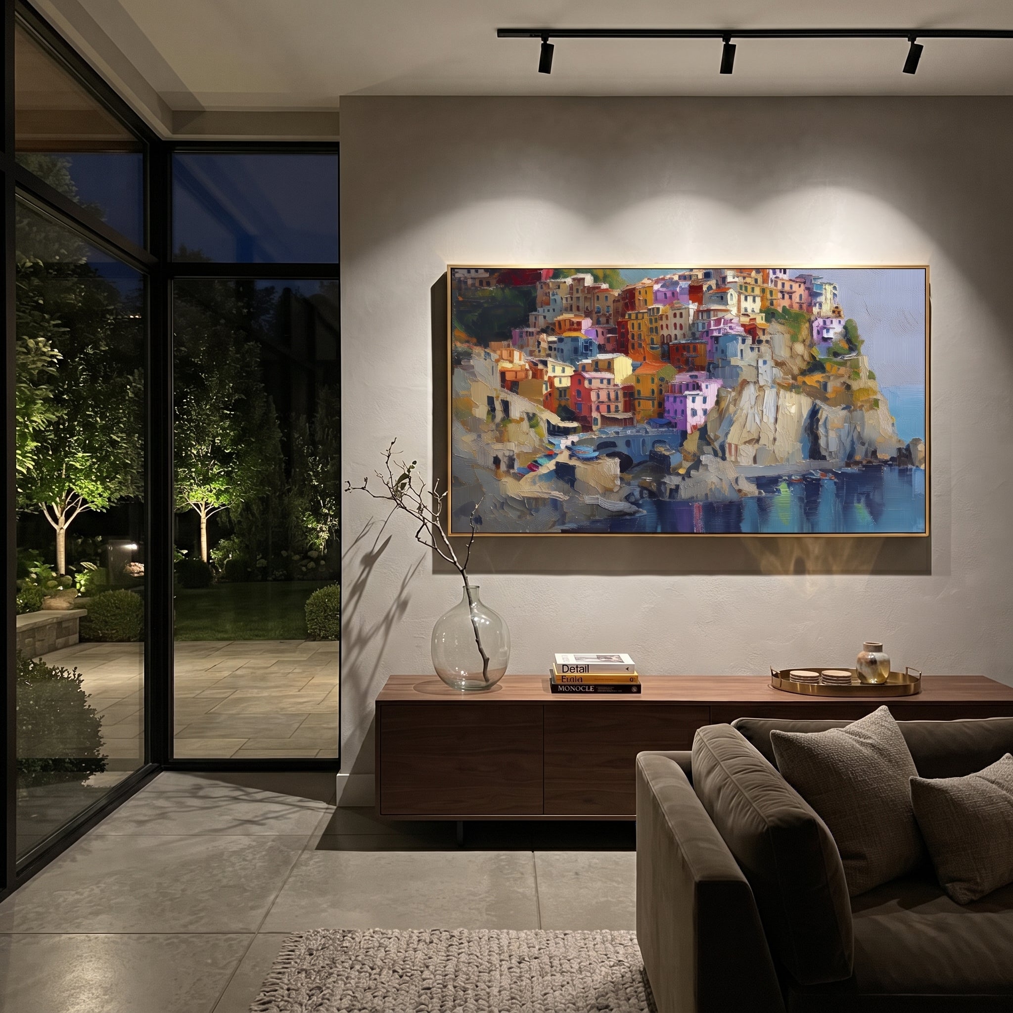 "Pastel Houses Cliff Painting" focuses on atmosphere, surface movement, and sculptural heavy impasto craftsmanship rather than a fixed literal storyline. The composition uses this hand-painted Mediterranean canvas features stacked pastel buildings on seaside cliffs, boats below, bright impasto coastal color, built with raised palette-knife texture, layered brushwork, and luminous coastal color as the visual anchor, while layered palette-knife paint, raised plaster-like texture, and softened