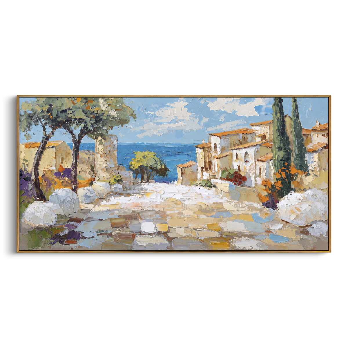 "Blue Harbor Town Painting" focuses on atmosphere, surface movement, and sculptural heavy impasto craftsmanship rather than a fixed literal storyline. The composition uses this hand-painted Mediterranean canvas features colorful waterfront houses, moored boats, shimmering blue harbor reflections, pastel sky, built with raised palette-knife texture, layered brushwork, and luminous coastal color as the visual anchor, while layered palette-knife paint, raised plaster-like texture, and softened