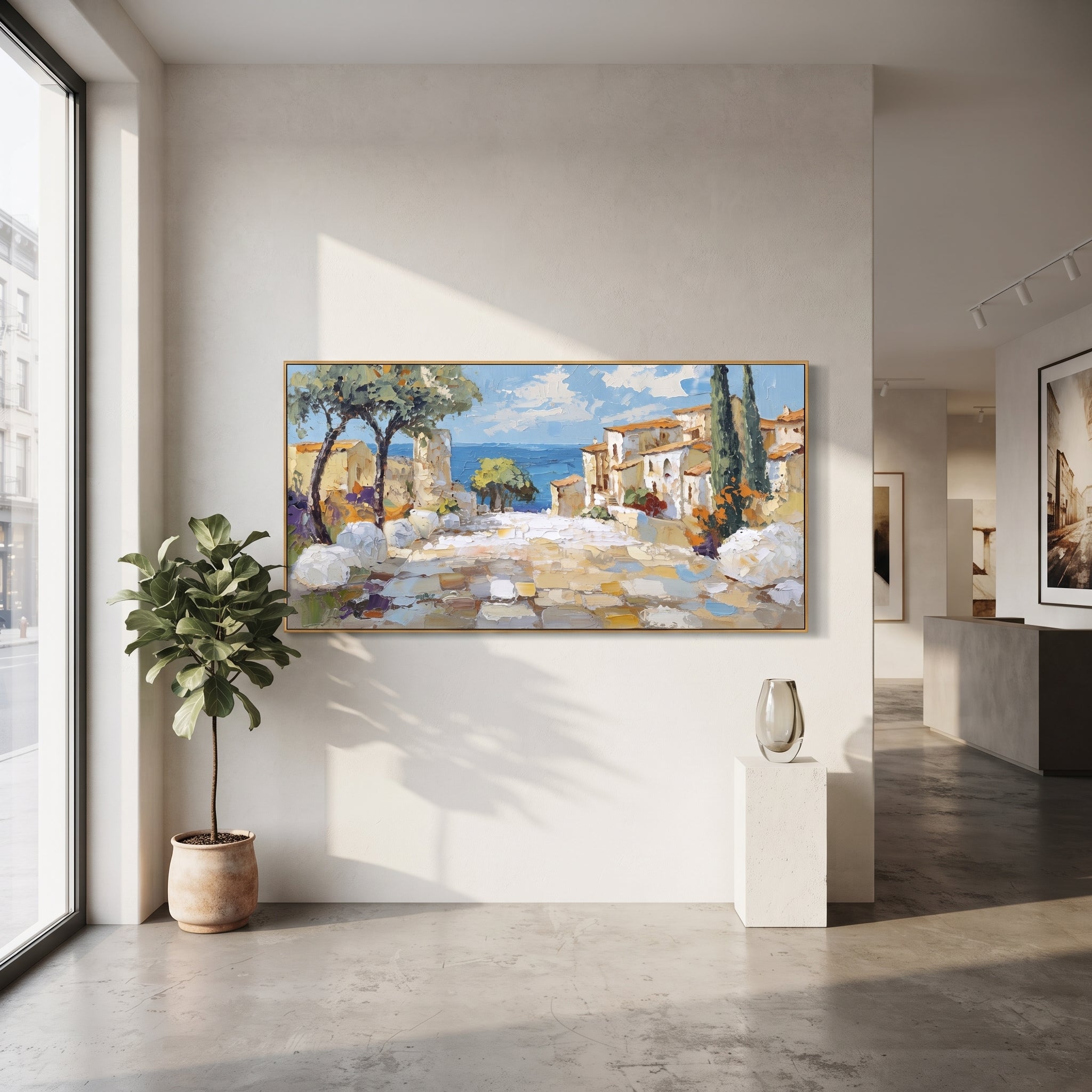 "Blue Harbor Town Painting" focuses on atmosphere, surface movement, and sculptural heavy impasto craftsmanship rather than a fixed literal storyline. The composition uses this hand-painted Mediterranean canvas features colorful waterfront houses, moored boats, shimmering blue harbor reflections, pastel sky, built with raised palette-knife texture, layered brushwork, and luminous coastal color as the visual anchor, while layered palette-knife paint, raised plaster-like texture, and softened