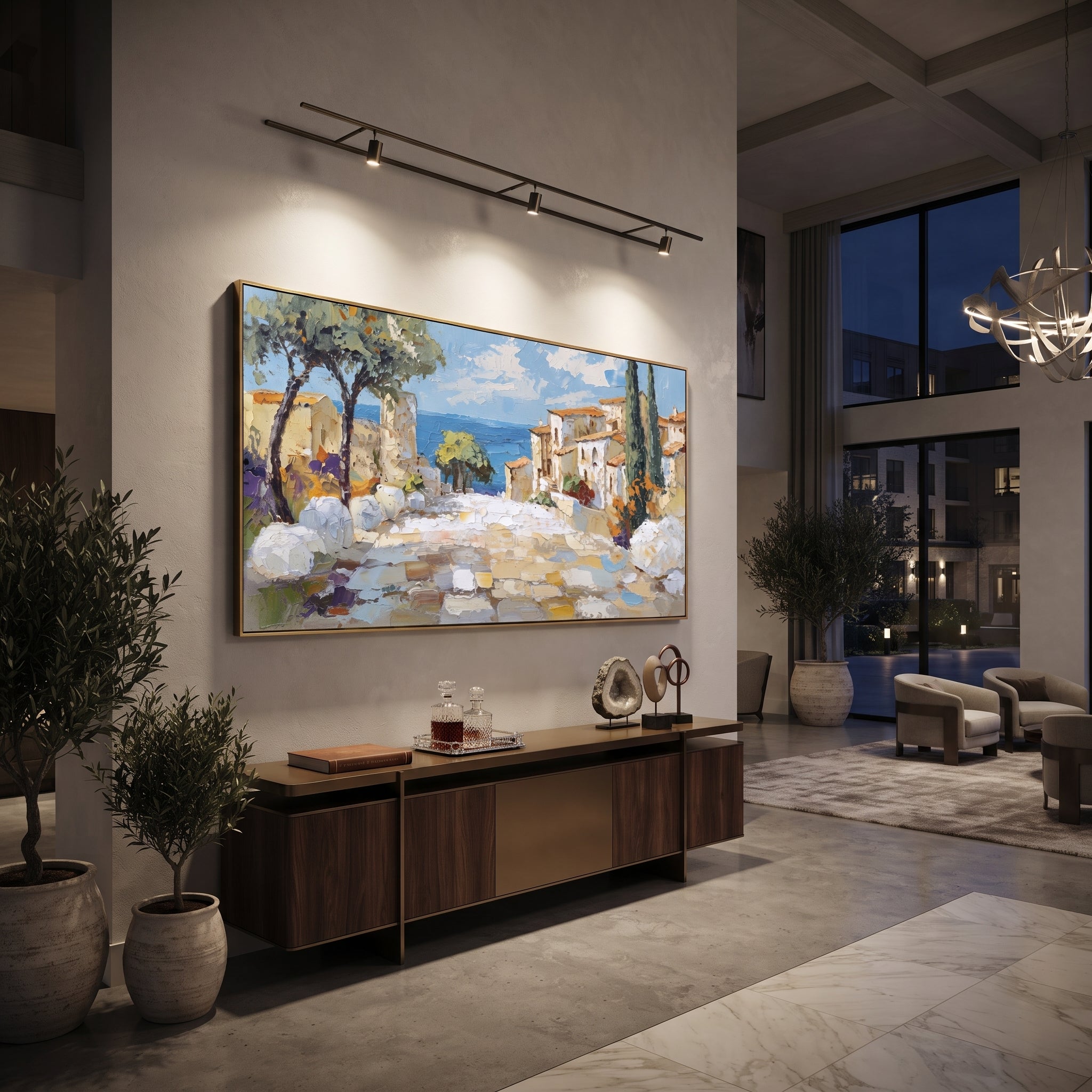 "Blue Harbor Town Painting" focuses on atmosphere, surface movement, and sculptural heavy impasto craftsmanship rather than a fixed literal storyline. The composition uses this hand-painted Mediterranean canvas features colorful waterfront houses, moored boats, shimmering blue harbor reflections, pastel sky, built with raised palette-knife texture, layered brushwork, and luminous coastal color as the visual anchor, while layered palette-knife paint, raised plaster-like texture, and softened