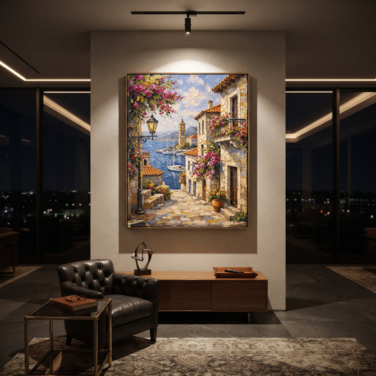 "Sunlit Bougainvillea Village Painting" focuses on atmosphere, surface movement, and sculptural heavy impasto craftsmanship rather than a fixed literal storyline. The composition uses this hand-painted Mediterranean canvas features whitewashed stone lane, cascading pink bougainvillea, blue sea opening, sunlit village walls, built with raised palette-knife texture, layered brushwork, and luminous coastal color as the visual anchor, while layered palette-knife paint, raised plaster-like texture