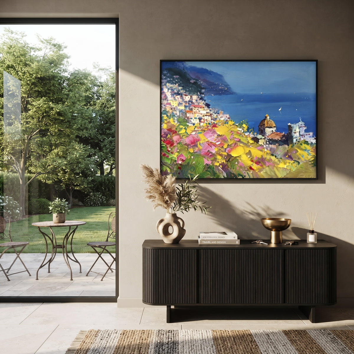 "Flower Terrace Sailboats Study Painting" focuses on atmosphere, surface movement, and sculptural heavy impasto craftsmanship rather than a fixed literal storyline. The composition uses this hand-painted Mediterranean canvas features sailboats on a blue bay, flowering terrace, coastal town and luminous summer sky, built with raised palette-knife texture, layered brushwork, and luminous coastal color as the visual anchor, while layered palette-knife paint, raised plaster-like texture, and