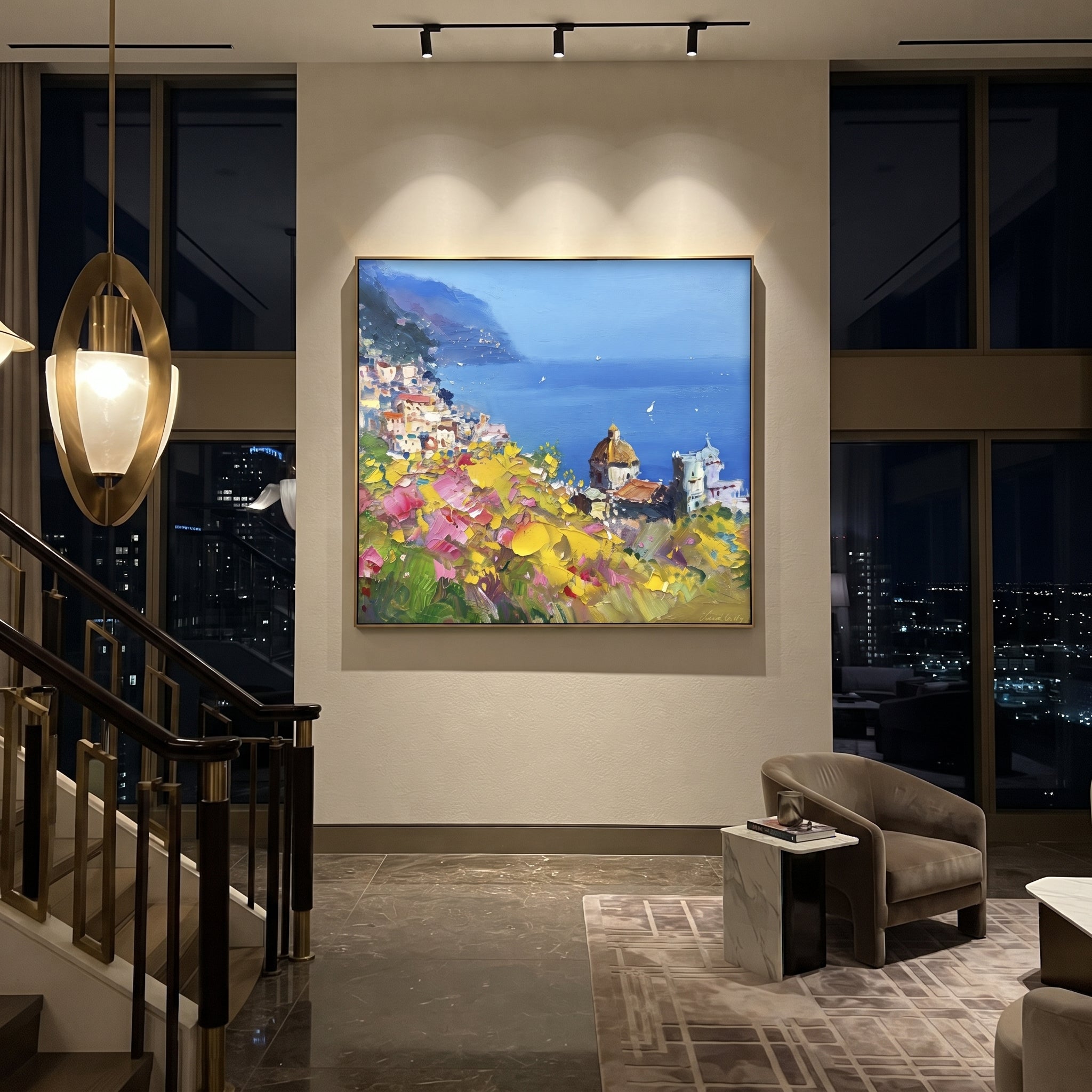 "Flower Terrace Sailboats Study Painting" focuses on atmosphere, surface movement, and sculptural heavy impasto craftsmanship rather than a fixed literal storyline. The composition uses this hand-painted Mediterranean canvas features sailboats on a blue bay, flowering terrace, coastal town and luminous summer sky, built with raised palette-knife texture, layered brushwork, and luminous coastal color as the visual anchor, while layered palette-knife paint, raised plaster-like texture, and