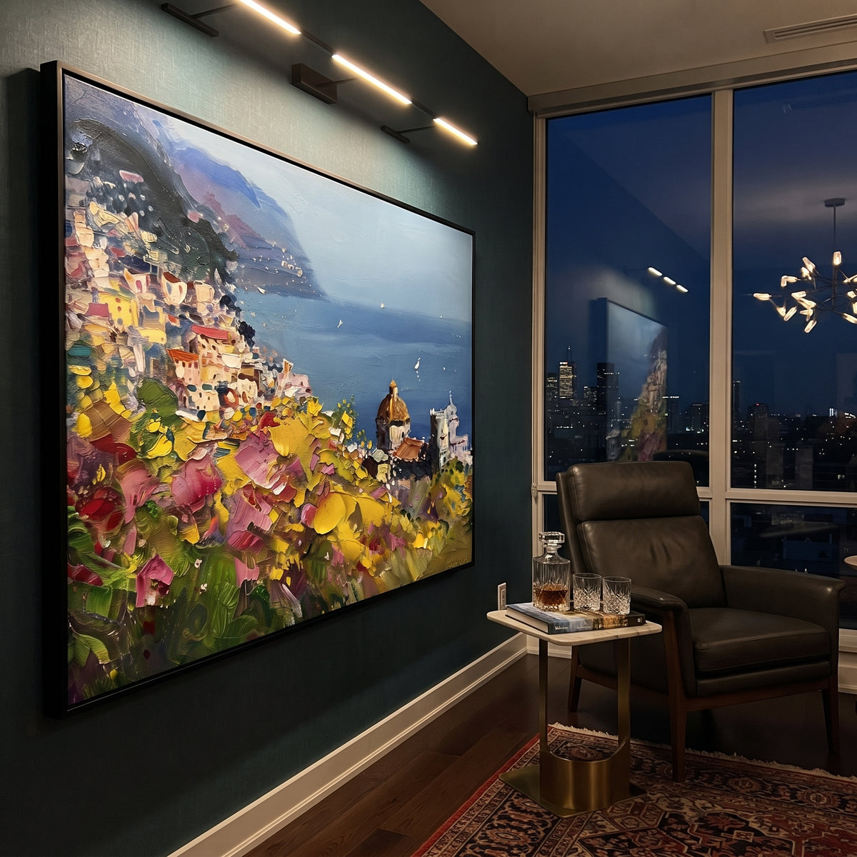"Flower Terrace Sailboats Study Painting" focuses on atmosphere, surface movement, and sculptural heavy impasto craftsmanship rather than a fixed literal storyline. The composition uses this hand-painted Mediterranean canvas features sailboats on a blue bay, flowering terrace, coastal town and luminous summer sky, built with raised palette-knife texture, layered brushwork, and luminous coastal color as the visual anchor, while layered palette-knife paint, raised plaster-like texture, and