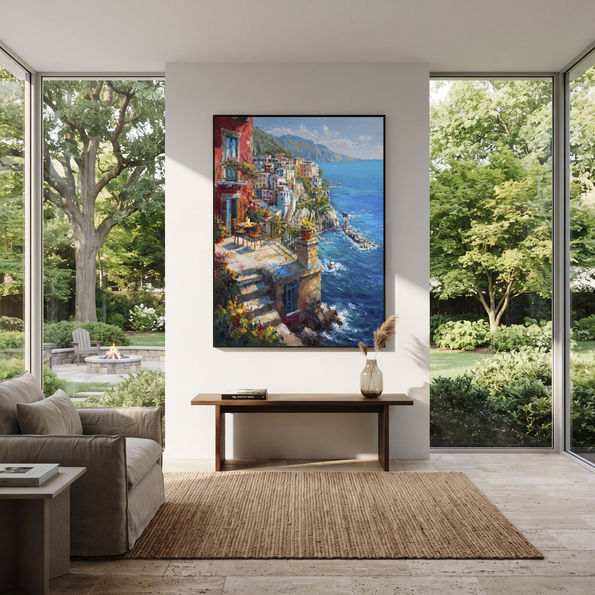 "Whitewashed Coastal Walk Painting" focuses on atmosphere, surface movement, and sculptural heavy impasto craftsmanship rather than a fixed literal storyline. The composition uses this hand-painted Mediterranean canvas features white Mediterranean alley, terracotta roofs, potted flowers, distant sea and mountain light, built with raised palette-knife texture, layered brushwork, and luminous coastal color as the visual anchor, while layered palette-knife paint, raised plaster-like texture, and