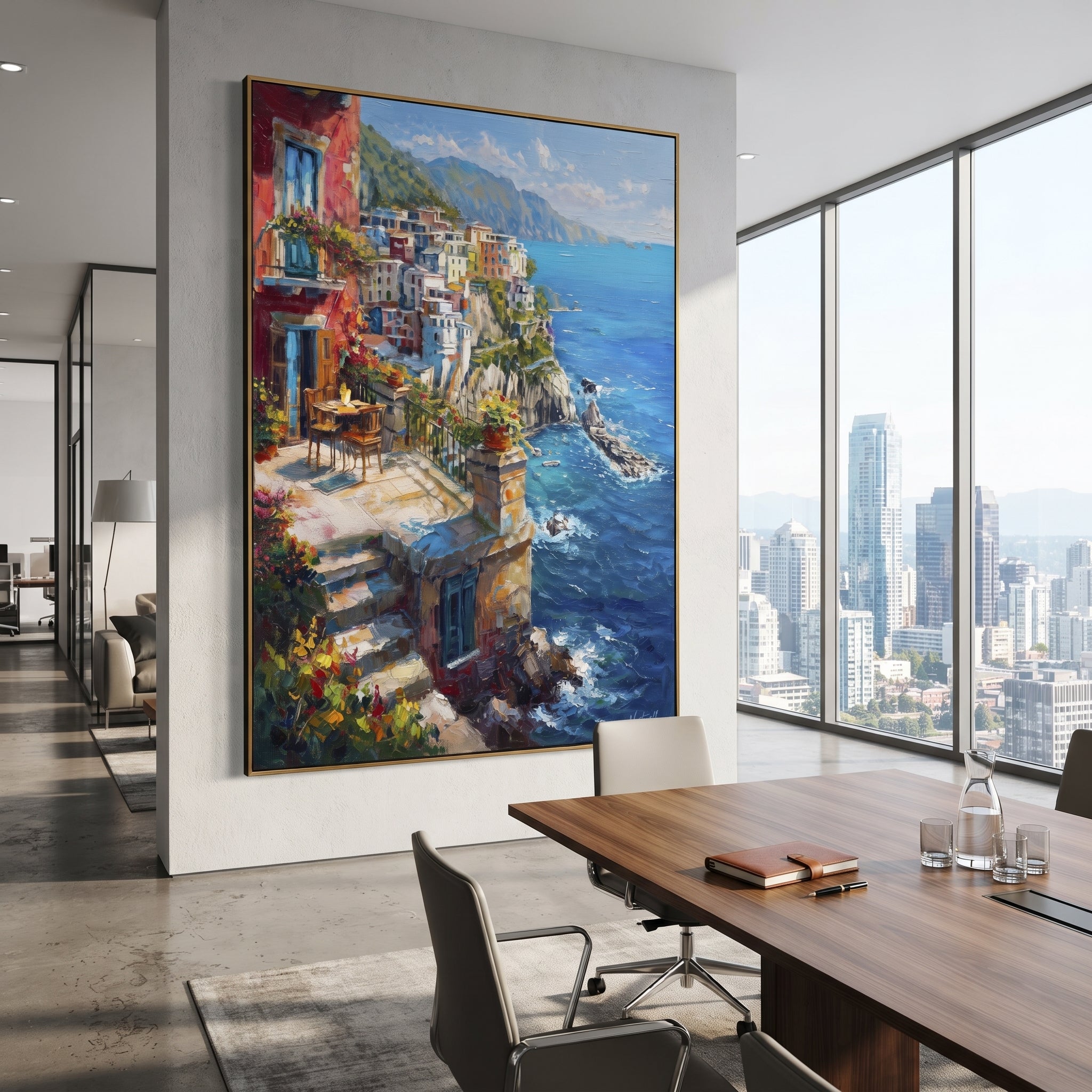 "Whitewashed Coastal Walk Painting" focuses on atmosphere, surface movement, and sculptural heavy impasto craftsmanship rather than a fixed literal storyline. The composition uses this hand-painted Mediterranean canvas features white Mediterranean alley, terracotta roofs, potted flowers, distant sea and mountain light, built with raised palette-knife texture, layered brushwork, and luminous coastal color as the visual anchor, while layered palette-knife paint, raised plaster-like texture, and