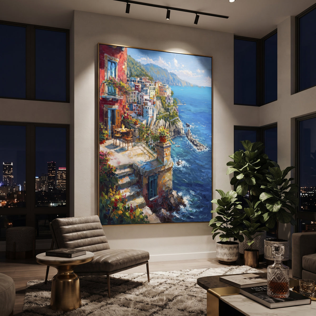 "Whitewashed Coastal Walk Painting" focuses on atmosphere, surface movement, and sculptural heavy impasto craftsmanship rather than a fixed literal storyline. The composition uses this hand-painted Mediterranean canvas features white Mediterranean alley, terracotta roofs, potted flowers, distant sea and mountain light, built with raised palette-knife texture, layered brushwork, and luminous coastal color as the visual anchor, while layered palette-knife paint, raised plaster-like texture, and