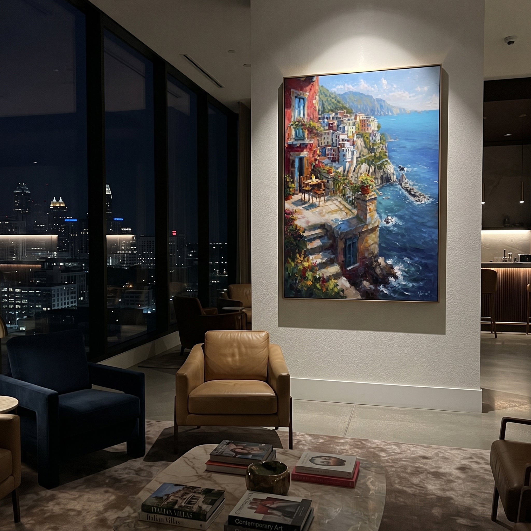 "Whitewashed Coastal Walk Painting" focuses on atmosphere, surface movement, and sculptural heavy impasto craftsmanship rather than a fixed literal storyline. The composition uses this hand-painted Mediterranean canvas features white Mediterranean alley, terracotta roofs, potted flowers, distant sea and mountain light, built with raised palette-knife texture, layered brushwork, and luminous coastal color as the visual anchor, while layered palette-knife paint, raised plaster-like texture, and