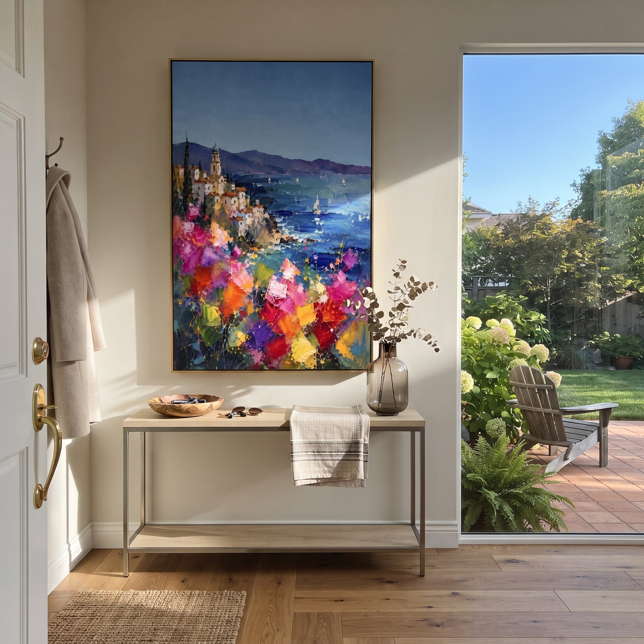 "Mediterranean Sailboat View Study Painting" focuses on atmosphere, surface movement, and sculptural heavy impasto craftsmanship rather than a fixed literal storyline. The composition uses this hand-painted Mediterranean canvas features sailboats on a blue bay, flowering terrace, coastal town and luminous summer sky, built with raised palette-knife texture, layered brushwork, and luminous coastal color as the visual anchor, while layered palette-knife paint, raised plaster-like texture, and