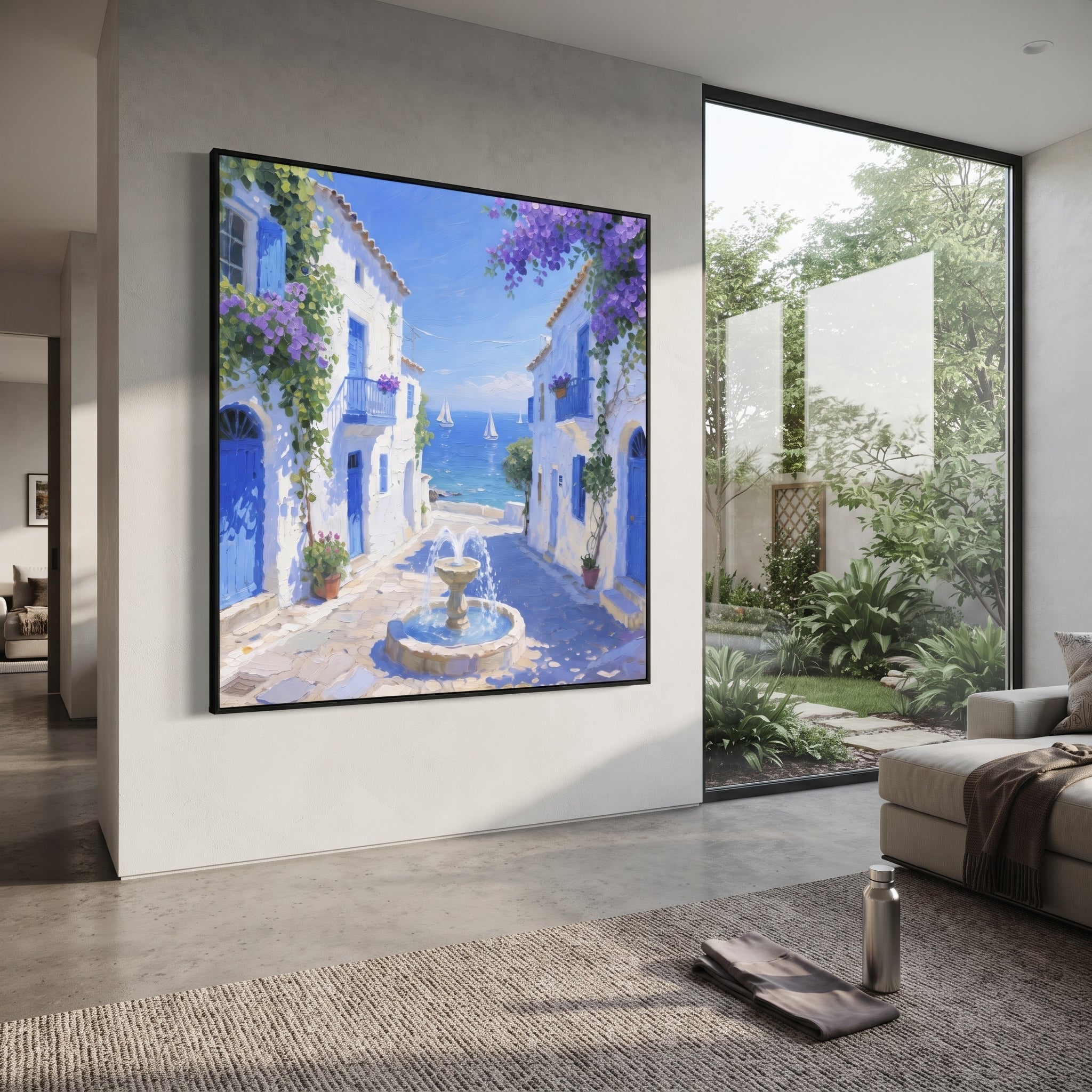 "Blue Door Seaside Terrace Painting" focuses on atmosphere, surface movement, and sculptural heavy impasto craftsmanship rather than a fixed literal storyline. The composition uses this hand-painted Mediterranean canvas features white stucco terrace, blue doors, potted blooms, open view toward the Mediterranean, built with raised palette-knife texture, layered brushwork, and luminous coastal color as the visual anchor, while layered palette-knife paint, raised plaster-like texture, and softened